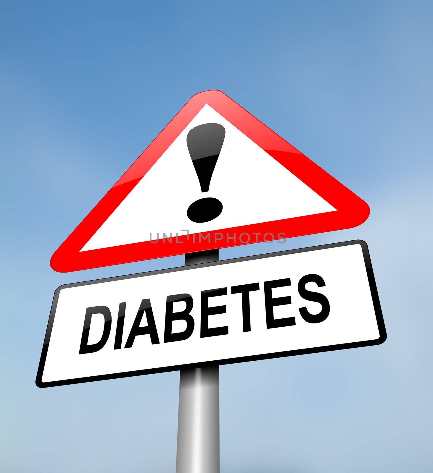 Illustration depicting a red and white triangular warning sign with a diabetes concept. Blurred sky background.