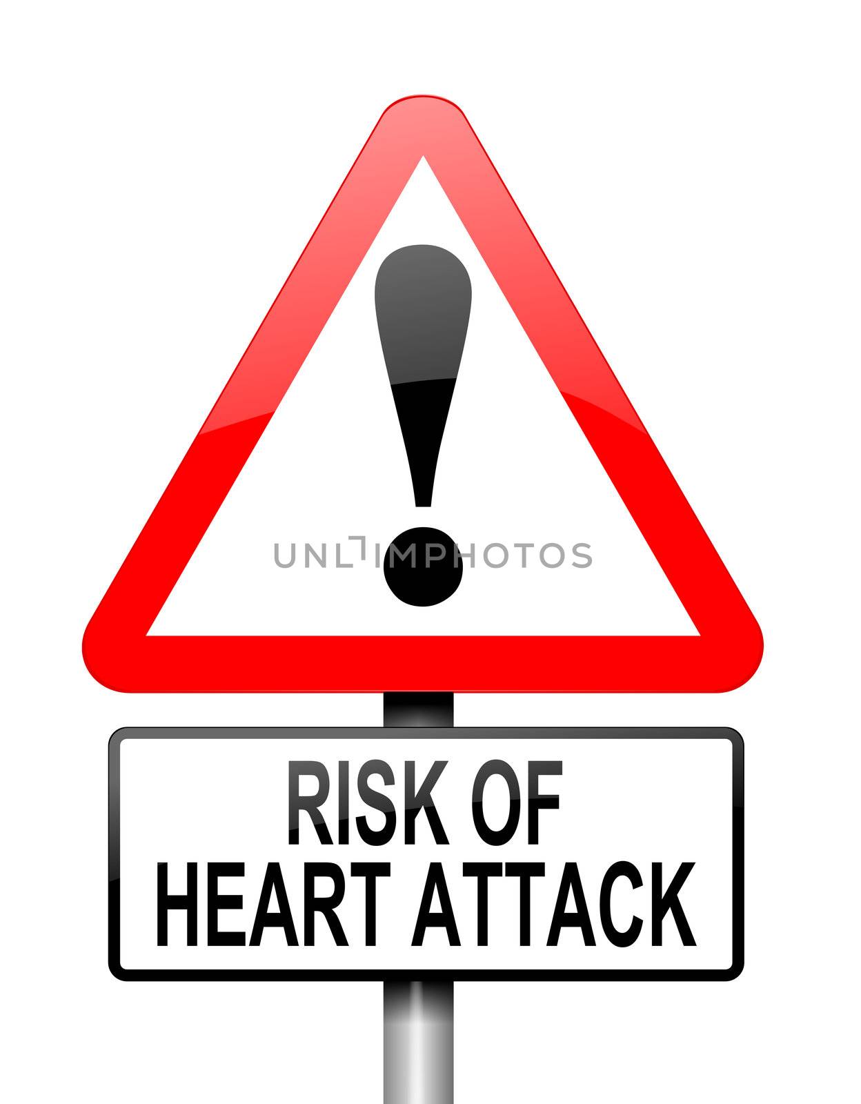 Illustration depicting a red and white triangular warning sign with a heart attack concept. White background.