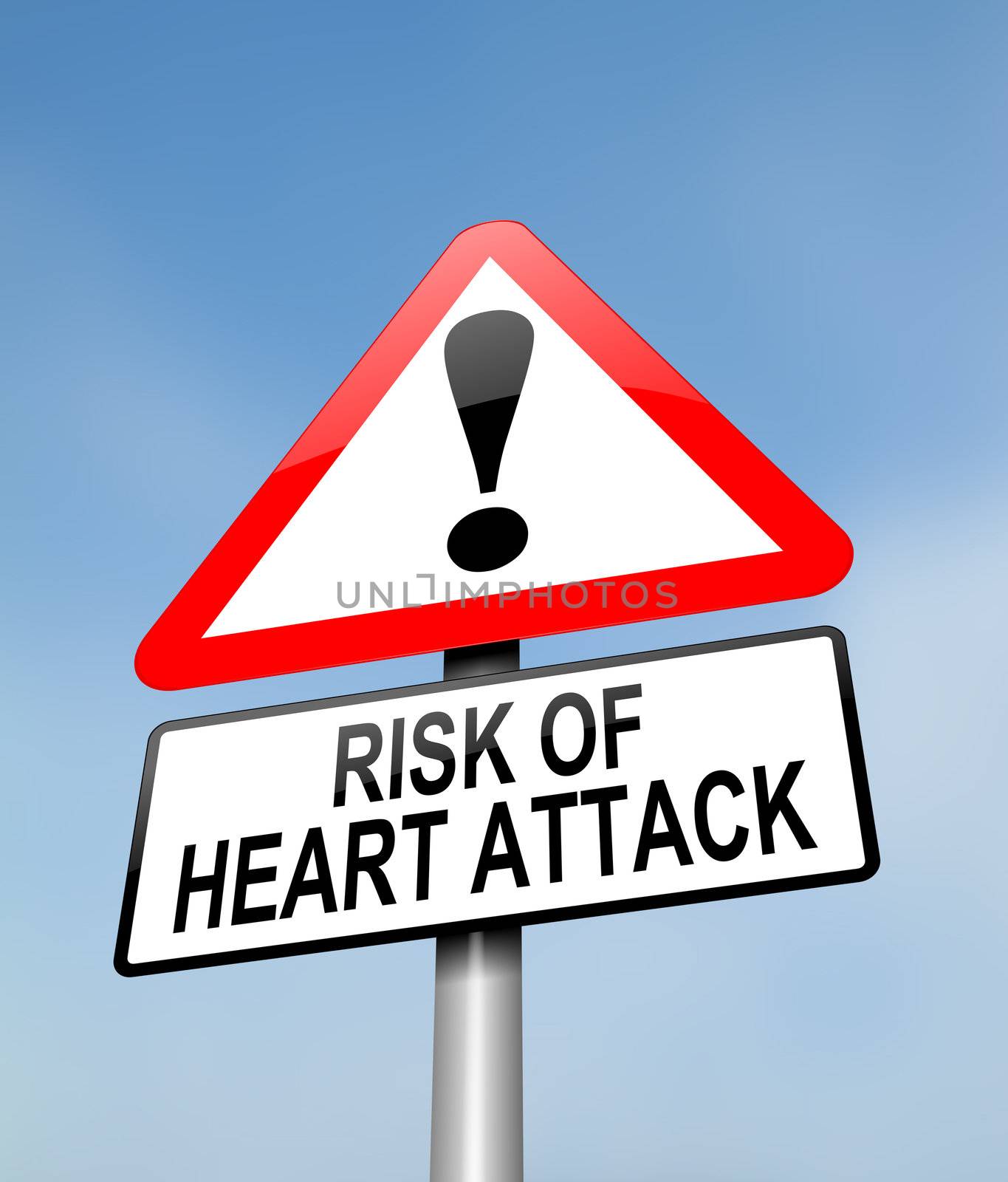 Illustration depicting a red and white triangular warning sign with a heart attack concept. Blurred sky background.