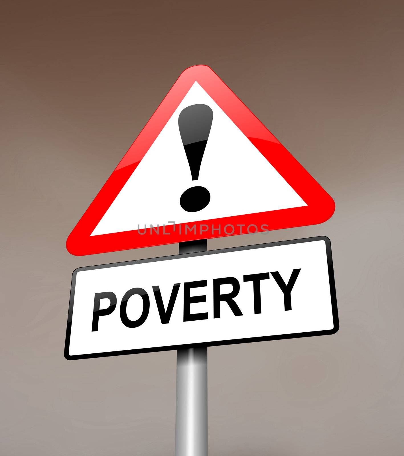 Illustration depicting a red and white triangular warning sign with a poverty concept.Dark blurred sky background.