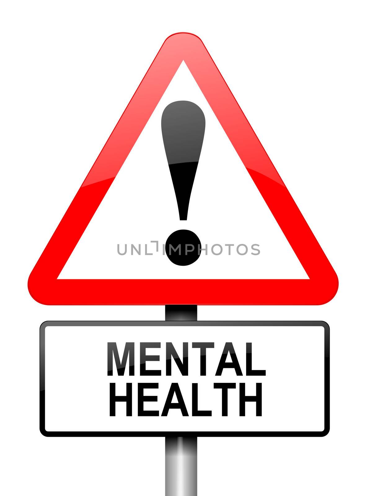 Illustration depicting a red and white triangular warning sign with a mental health concept.White background.