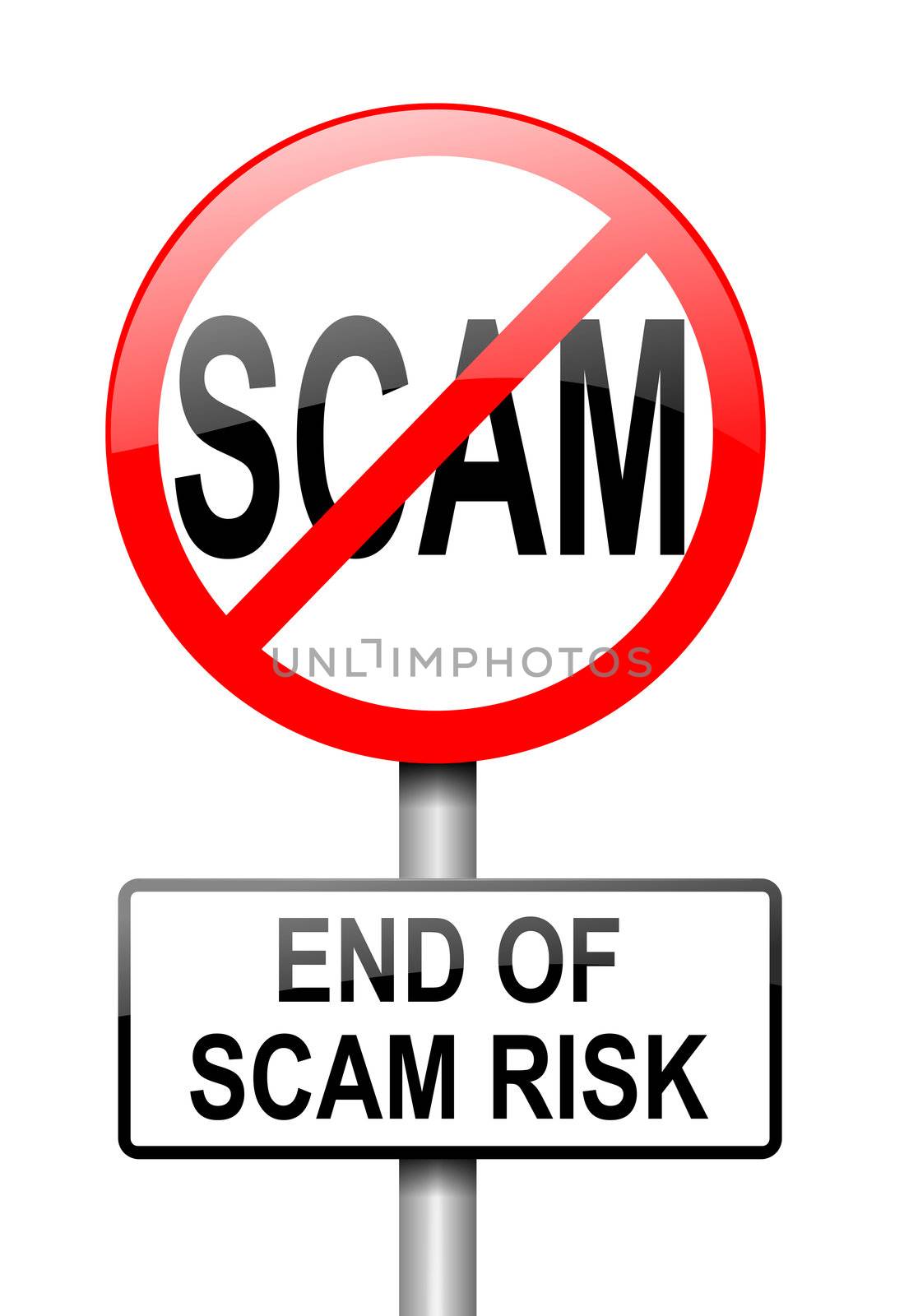 Illustration depicting a red and white road sign with a scam free concept. White background.