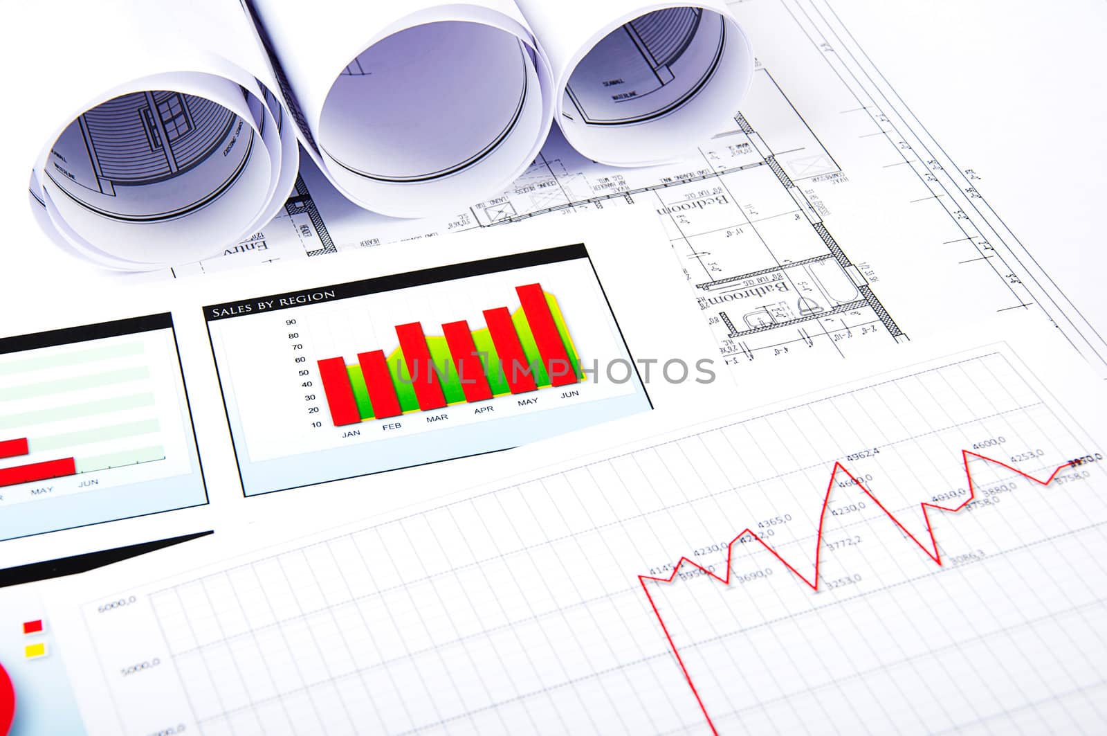 Drawings and charts of successful business, workplace of the businessman