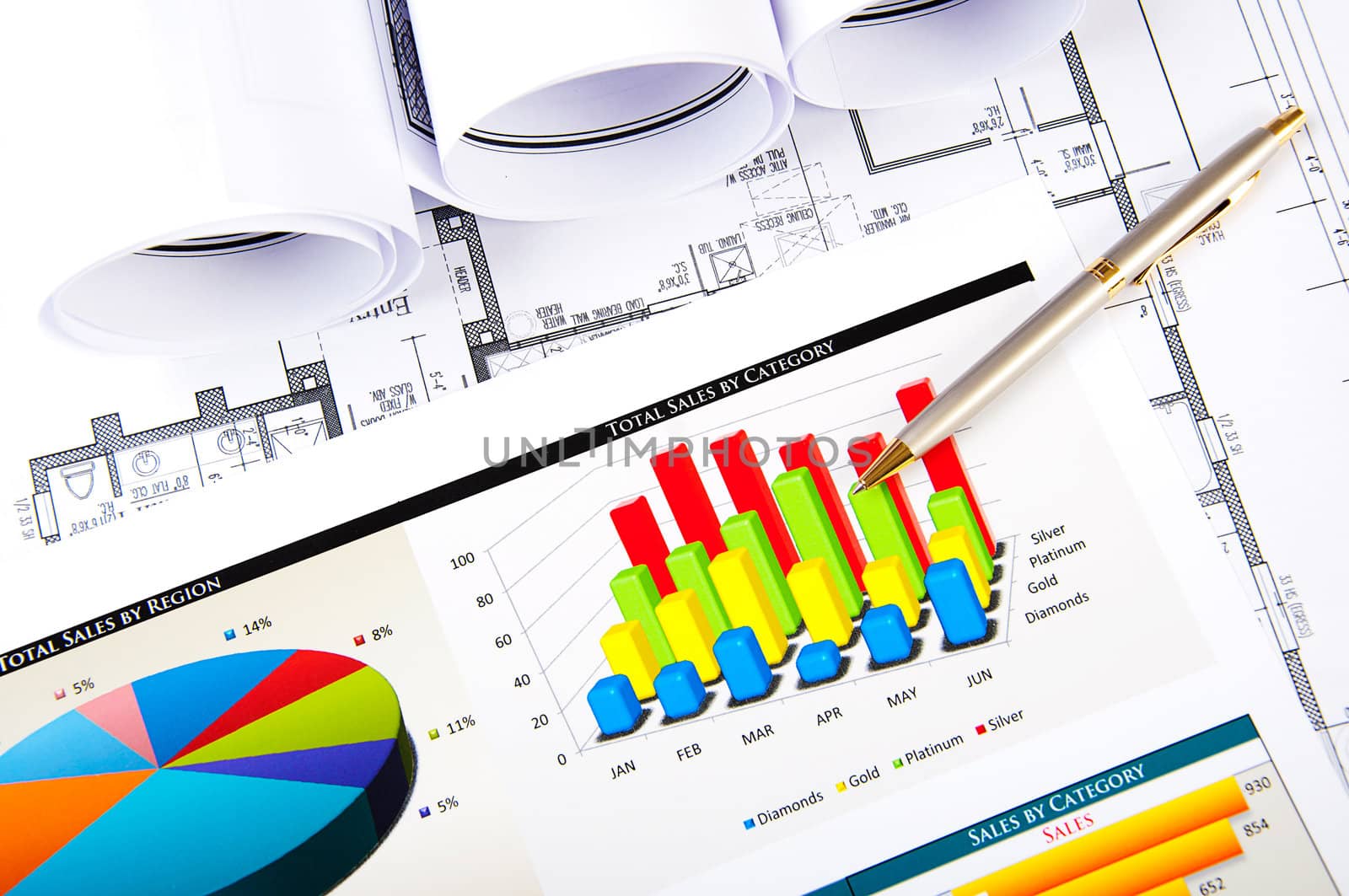 Drawings and charts of successful business, workplace of the businessman