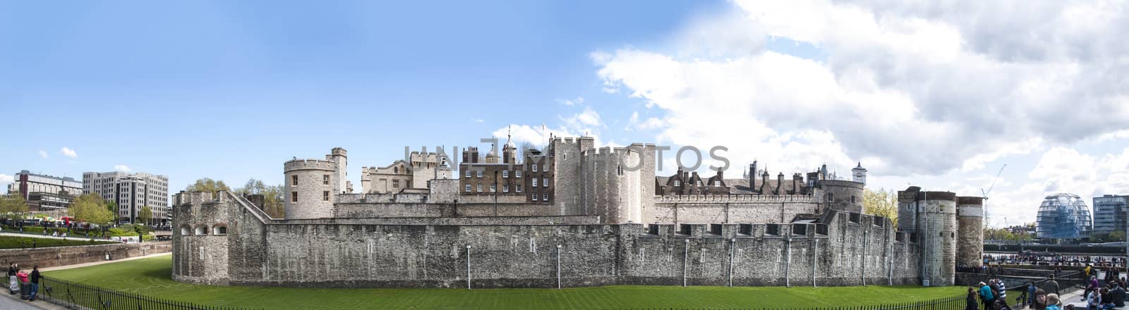 LONDON, UK - APRIL 30: Panoramic shot of the Tower of London. April 30, 2012 in London. The fortress dates back from the 1070s.