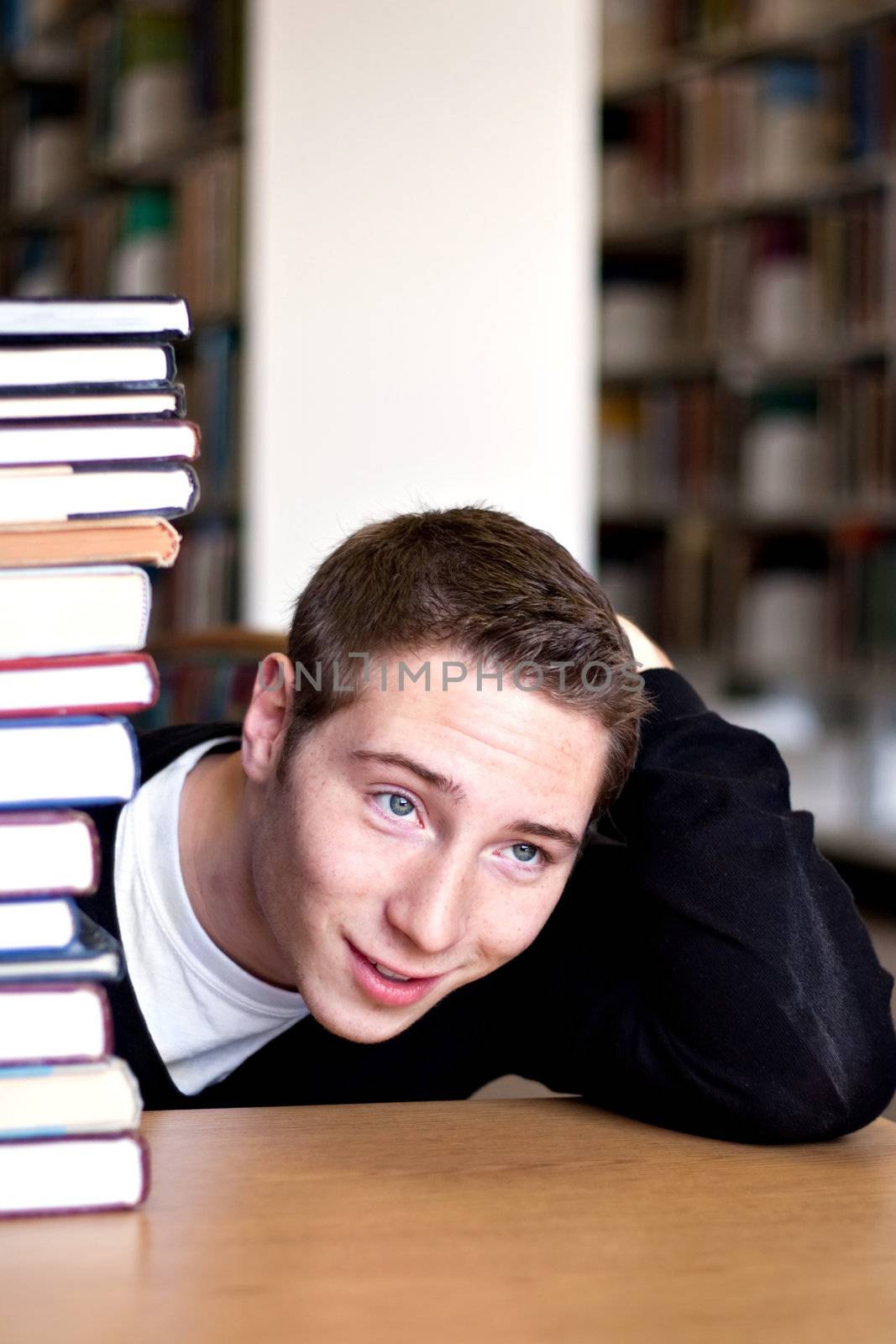 Overwhelmed Student with Piled Books by graficallyminded
