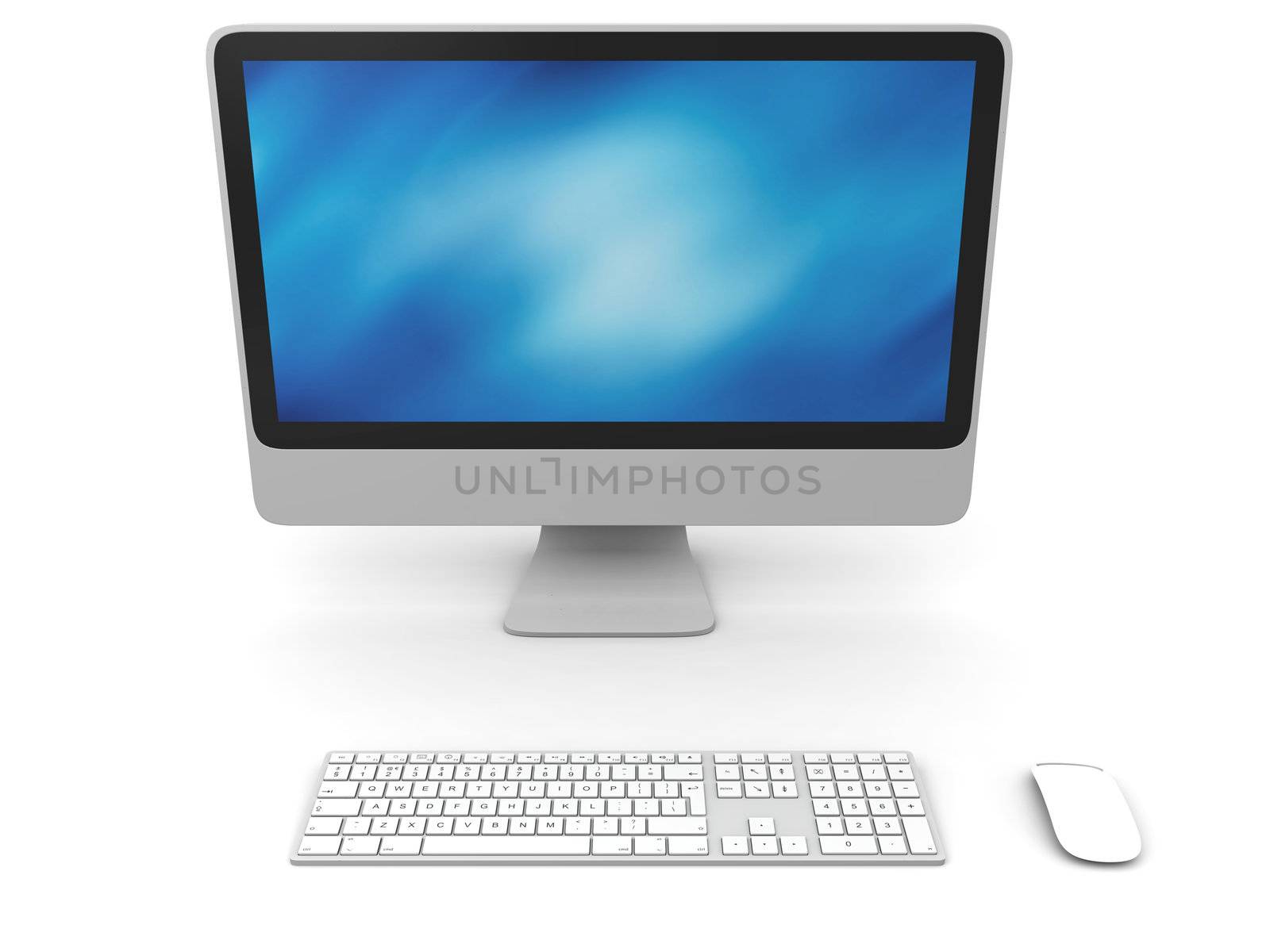 3D illustration of modern desktop computer with wireless keyboard and mouse