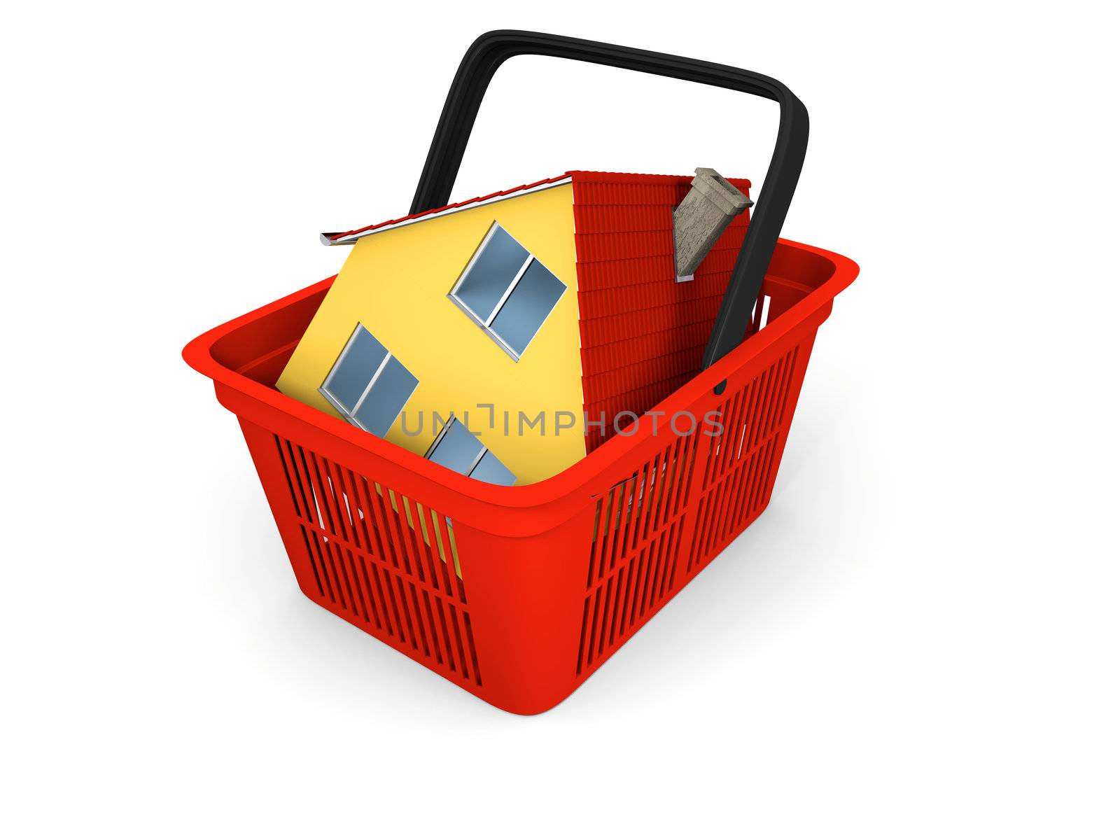 3D illustration of red plastic shopping basket with model of house inside