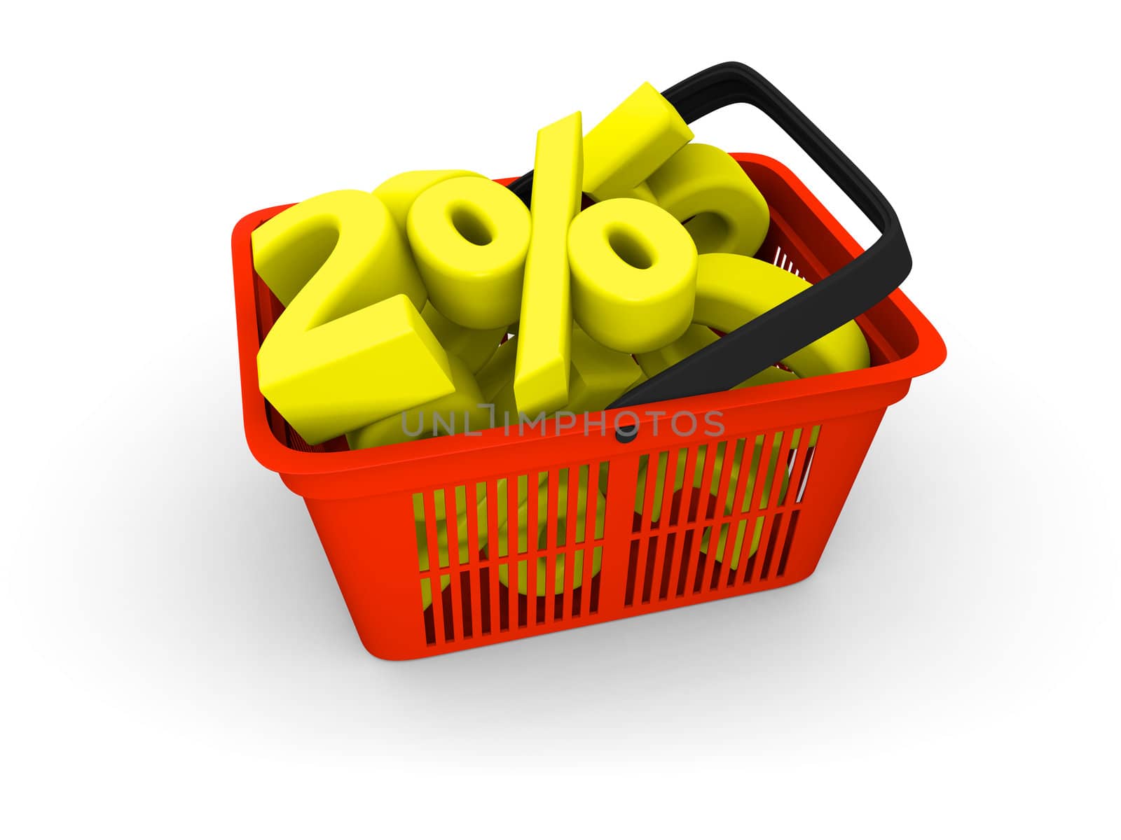 3D illustration of red plastic shopping basket full of discounts