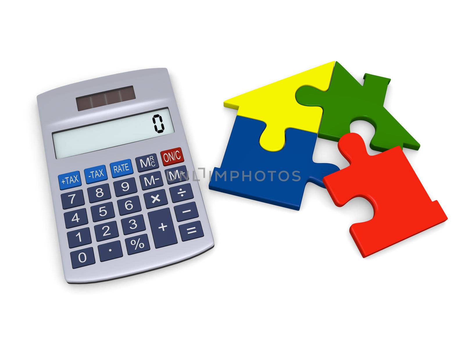 Calculator with colorful house jigsaw being completed