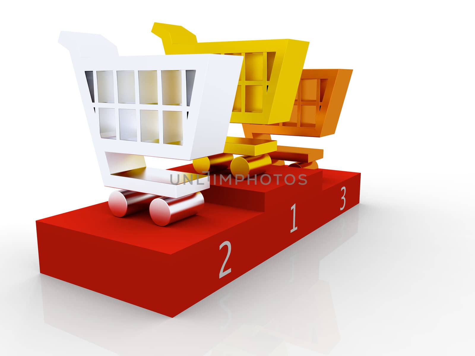 3D illustration of shopping trolley symbols as top three contestants