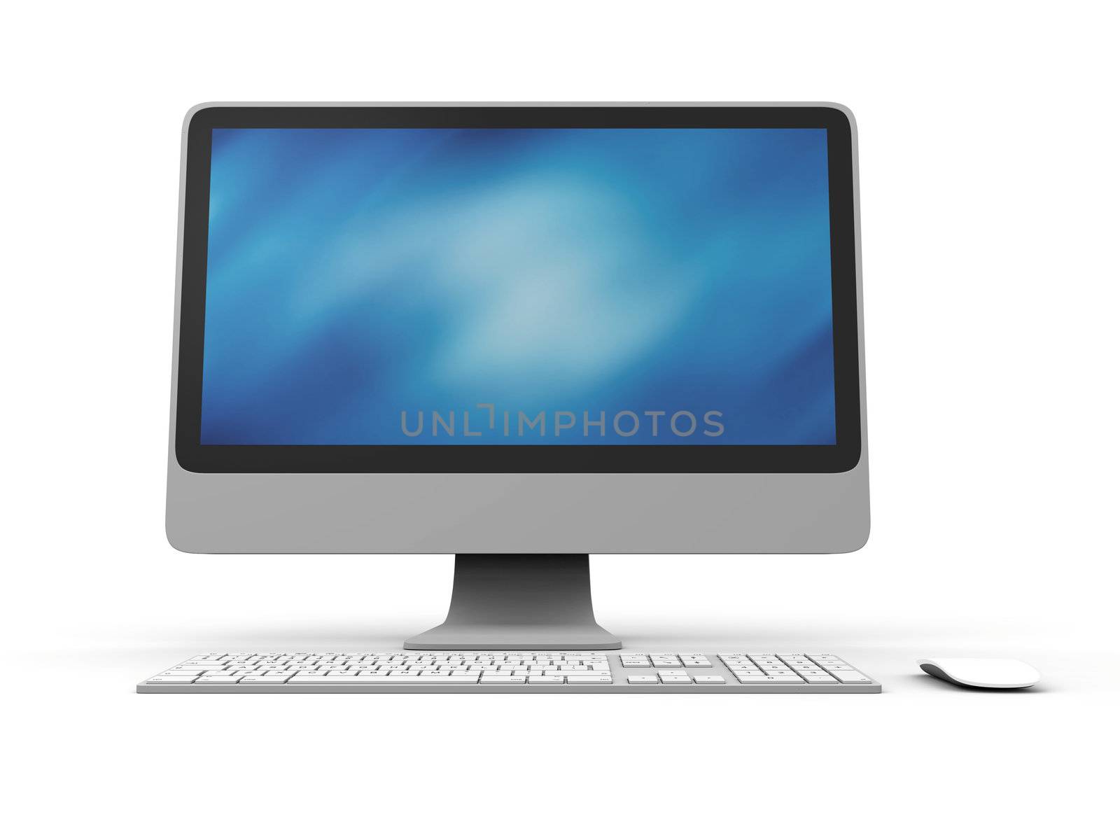 Front view of modern desktop computer with wireless keyboard and mouse