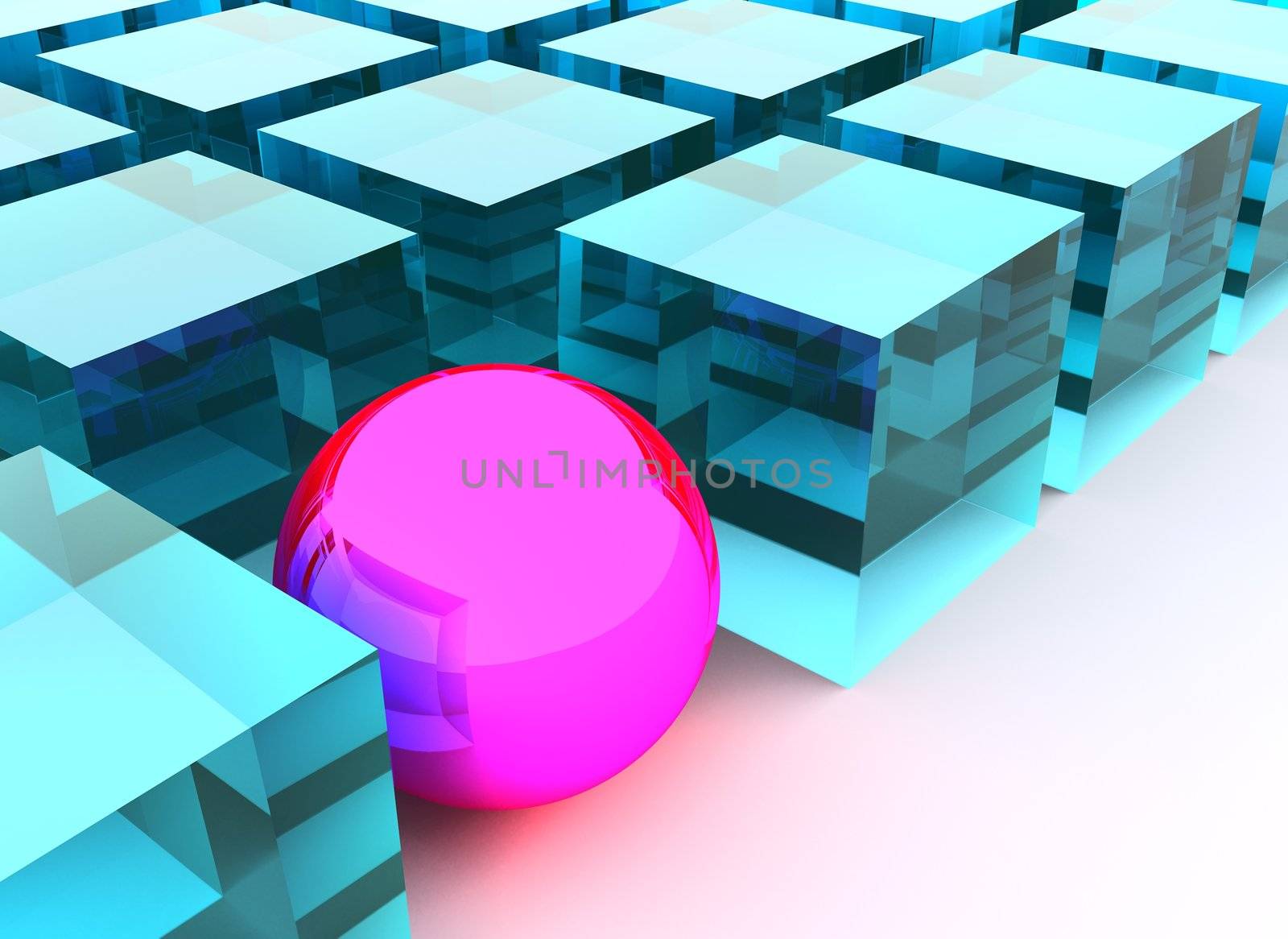 Concept of difference or uniqueness illustrated by Single pink sphere isolated between a lot of similar boxes made of light blue glass.