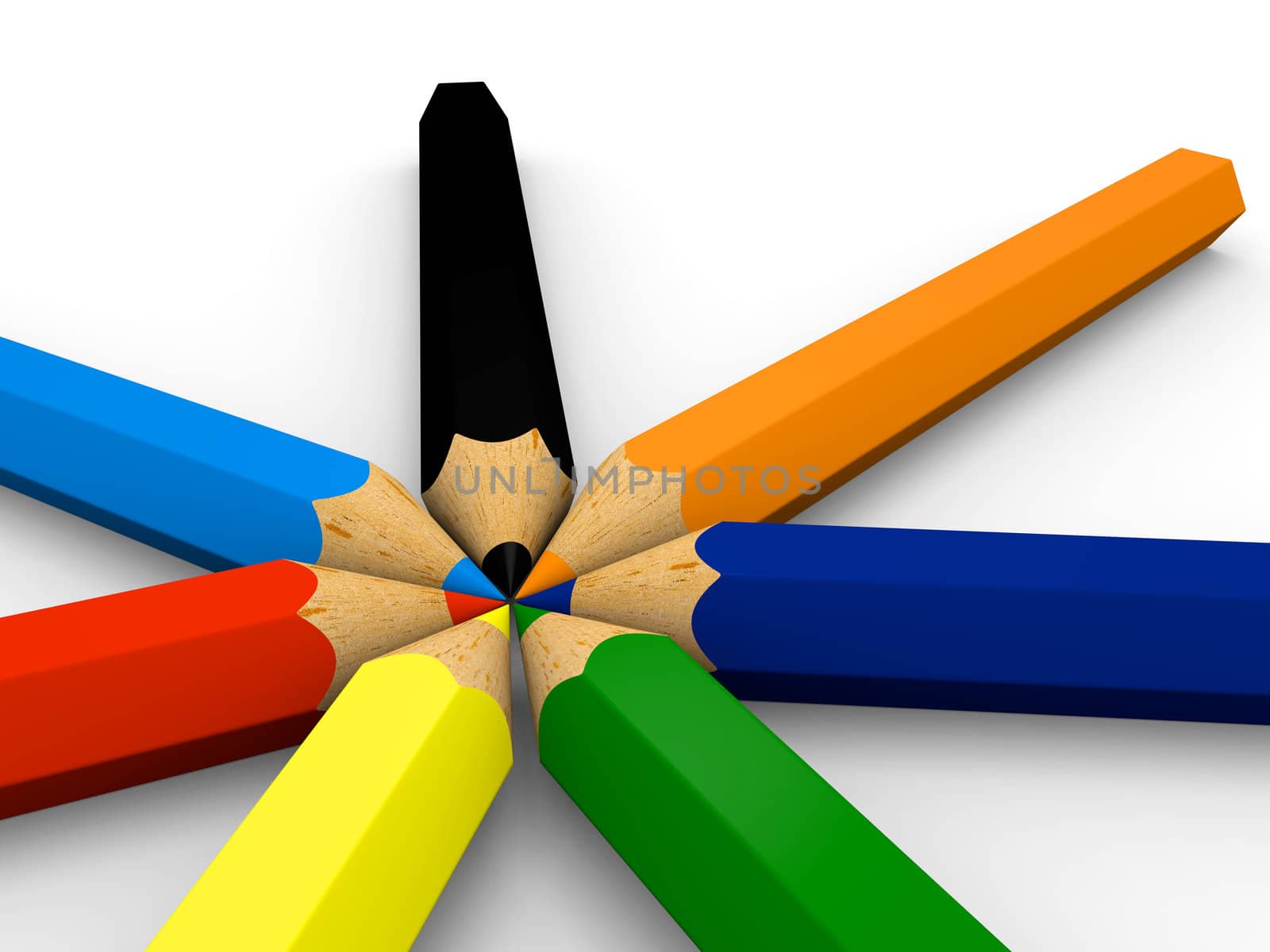 3D illustration of color pencils lined up in circle