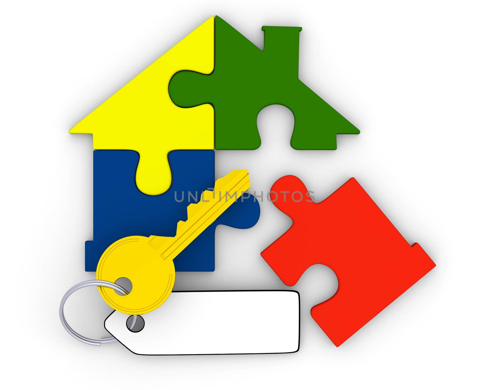 Golden key and house symbol made of four colorful puzzle pieces