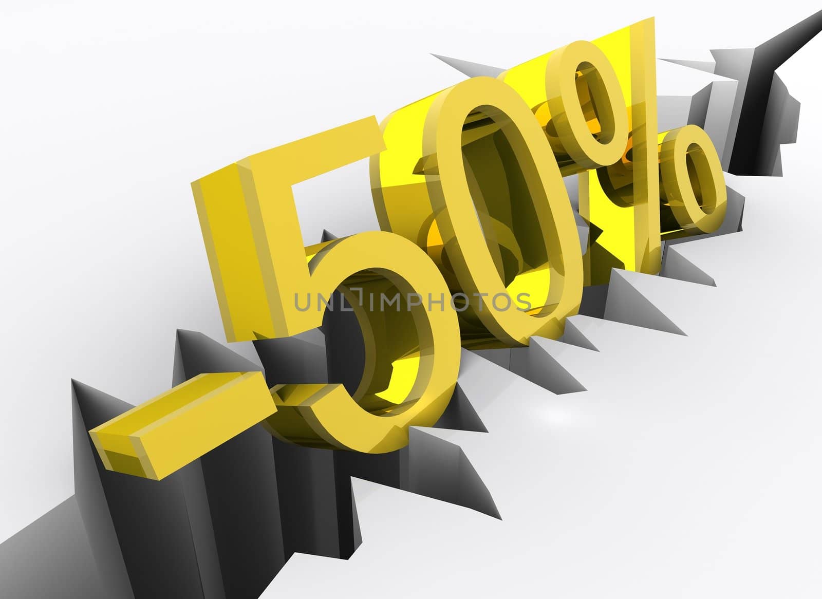 Concept of 50 percent discount portrayed by golden 3d number (minus fifty percent) rendered and isolated on white background with slight reflection in the ground.