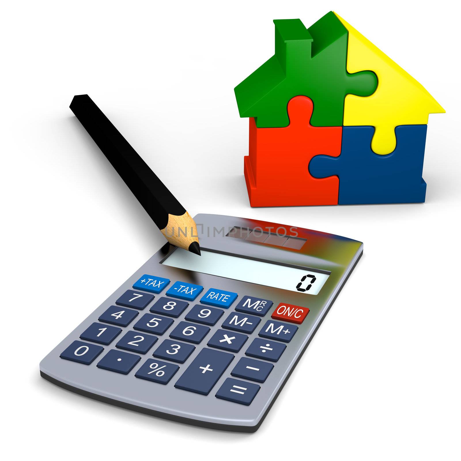 Calculator with pencil and colorful house puzzle
