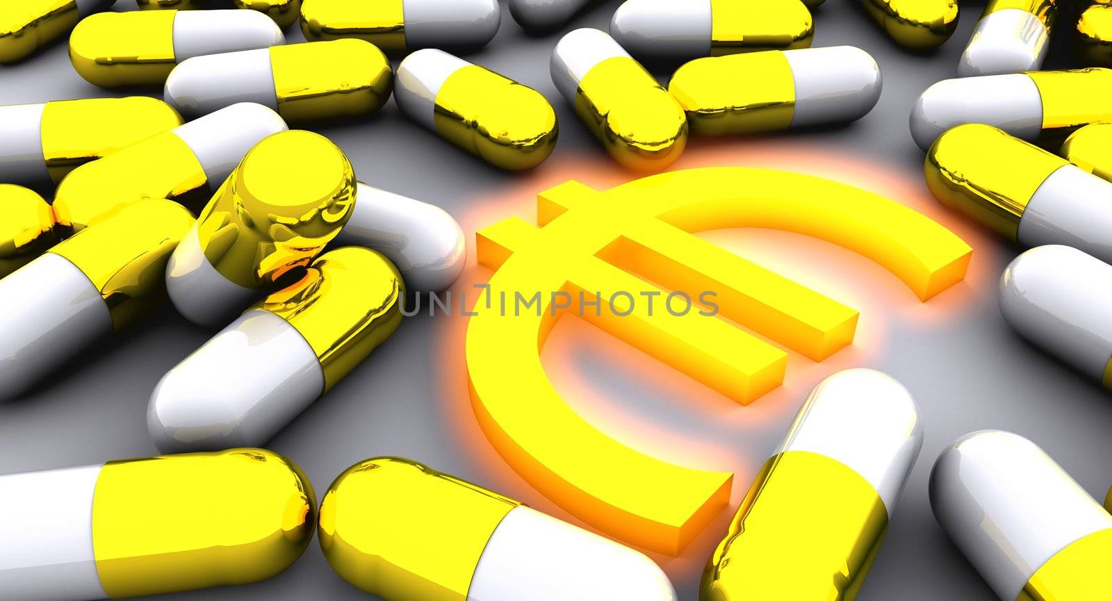 Concept of many golden pills and glowing golden Euro symbol rendered on white background. Concept should be symbolizing treatment of complicated economical situation in Eurozone. Additionally it can be symbolizing highly valuable cure or expensive health care.