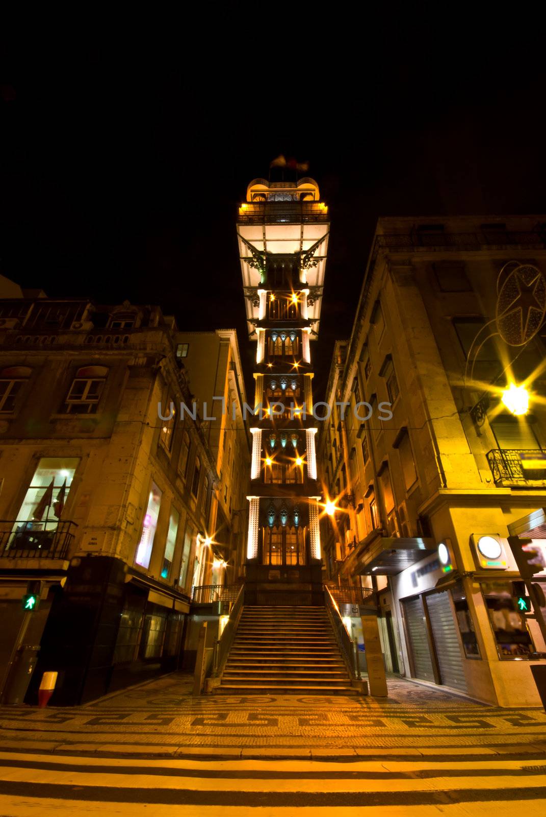 view of the illuminated Elevador de Santa Justa in Lisbon
