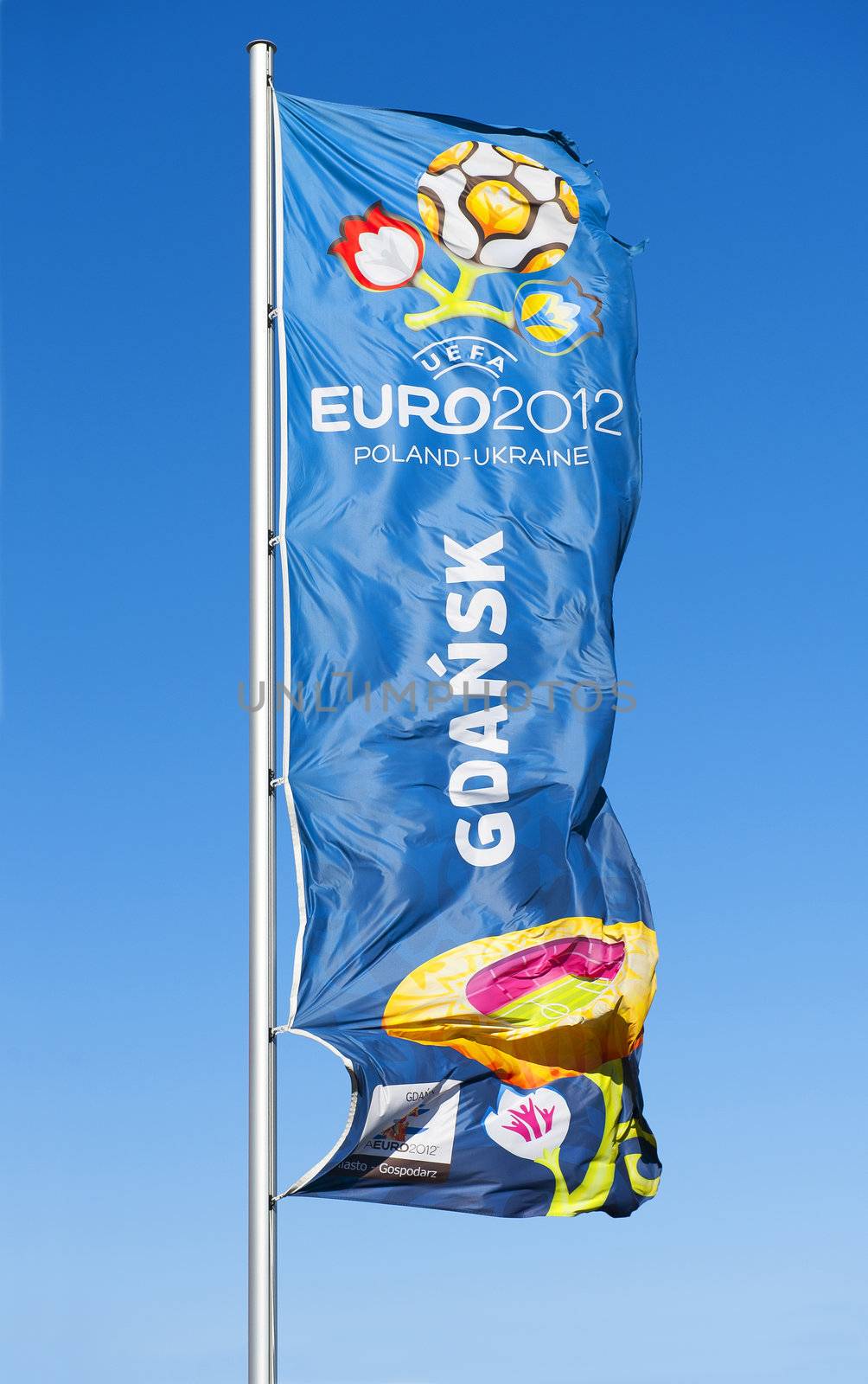 GDANSK, POLAND - MAY 1: A flag with the official logo for UEFA EURO 2012, Gdansk, Poland, May 1, 2012