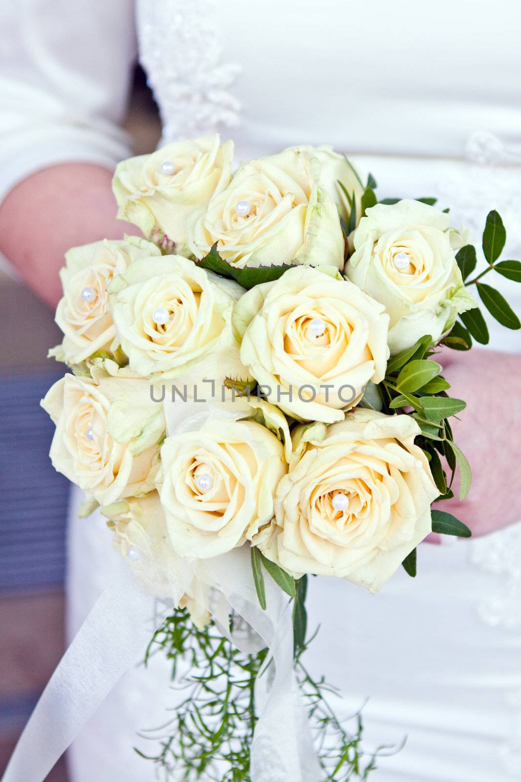 beautiful bridal bouquet of white roses by juniart