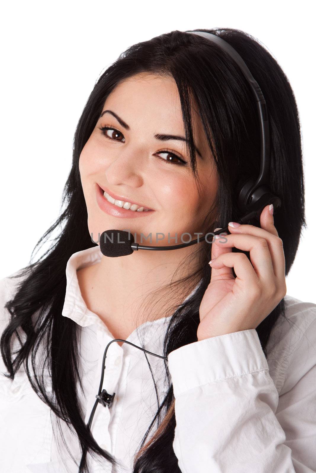 Beautiful happy customer service representative at call center office with headset, isolated.
