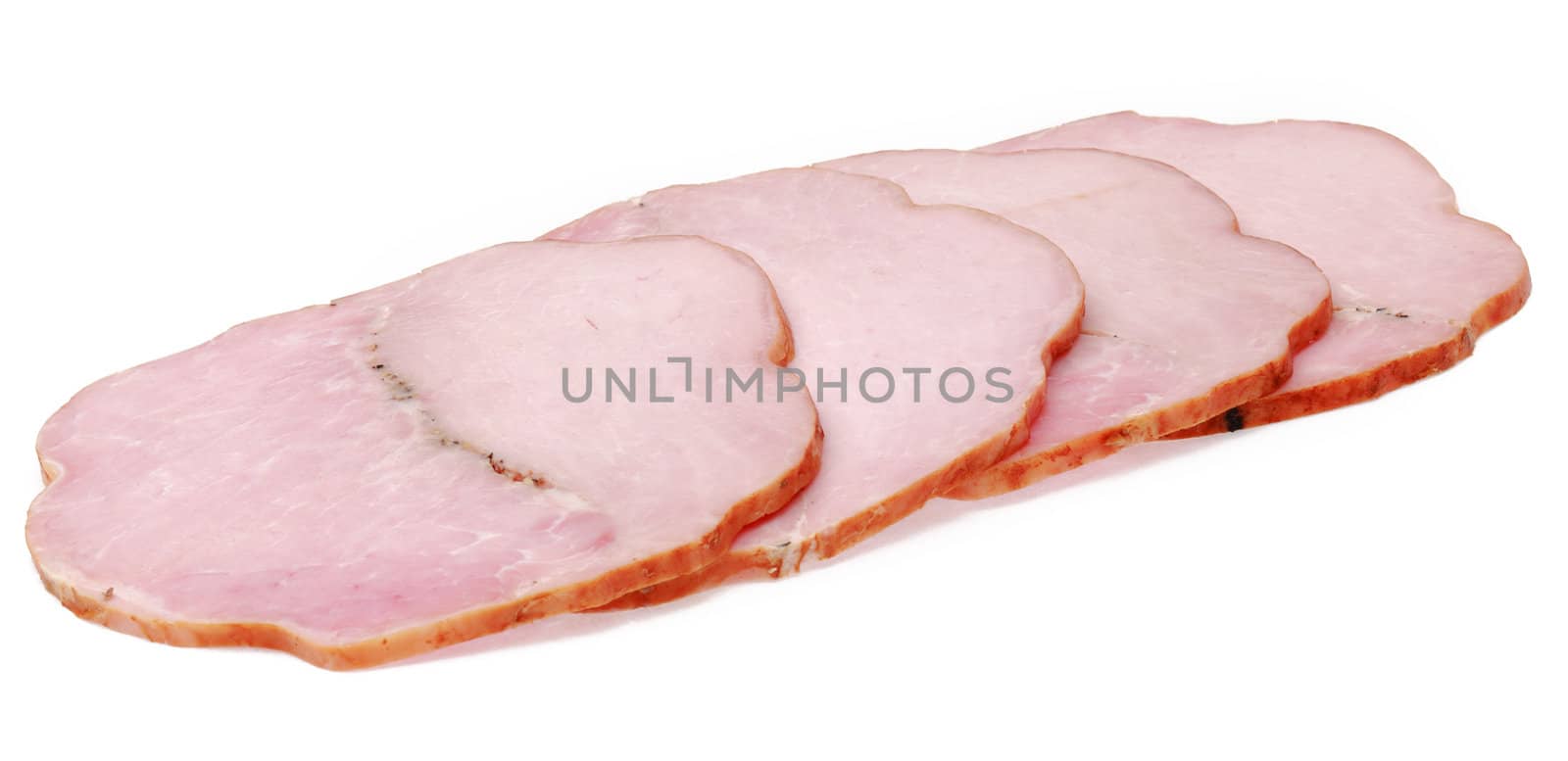 Four slices of pork meat roll against a white background.