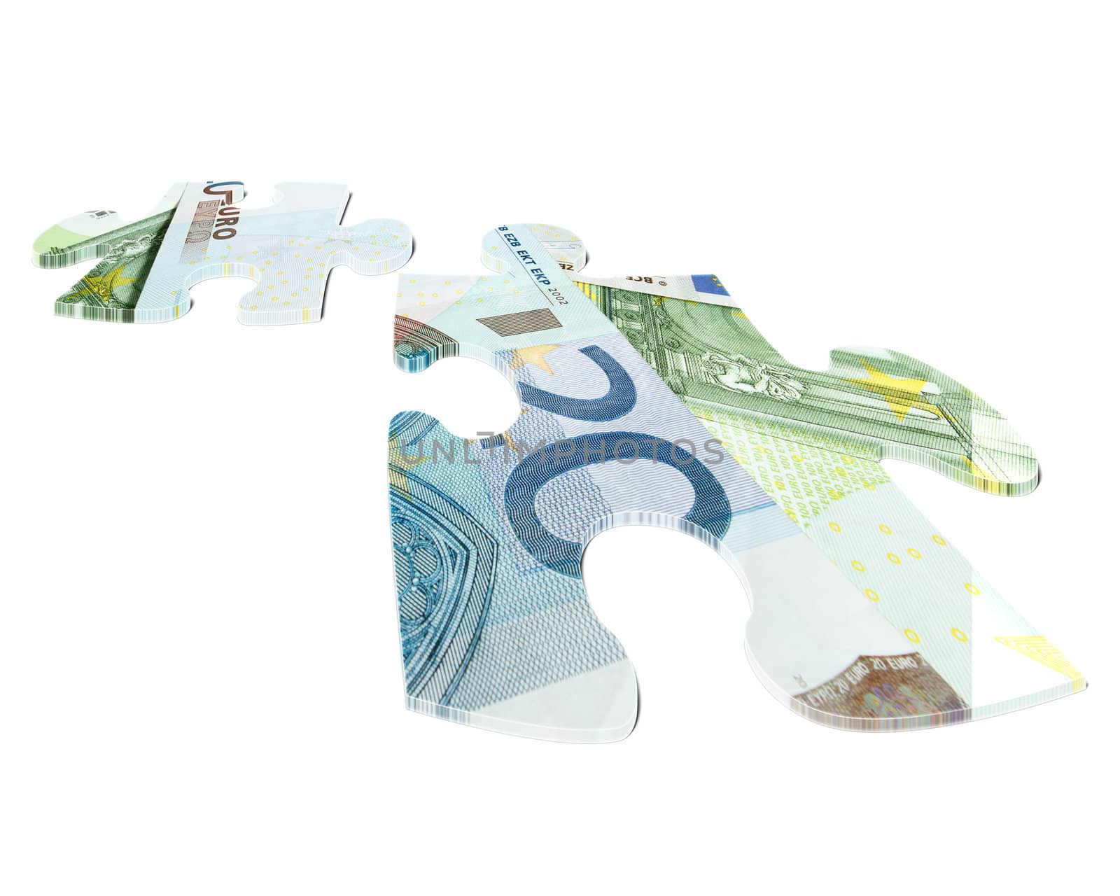 two pieces of Euro banknotes puzzles on white background