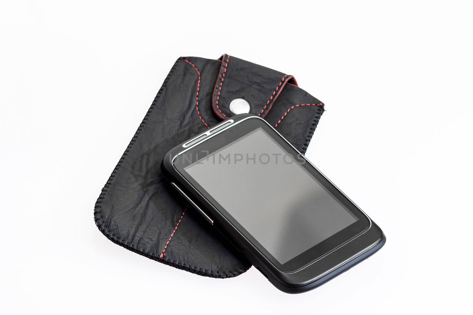 smartphone with black case on white background