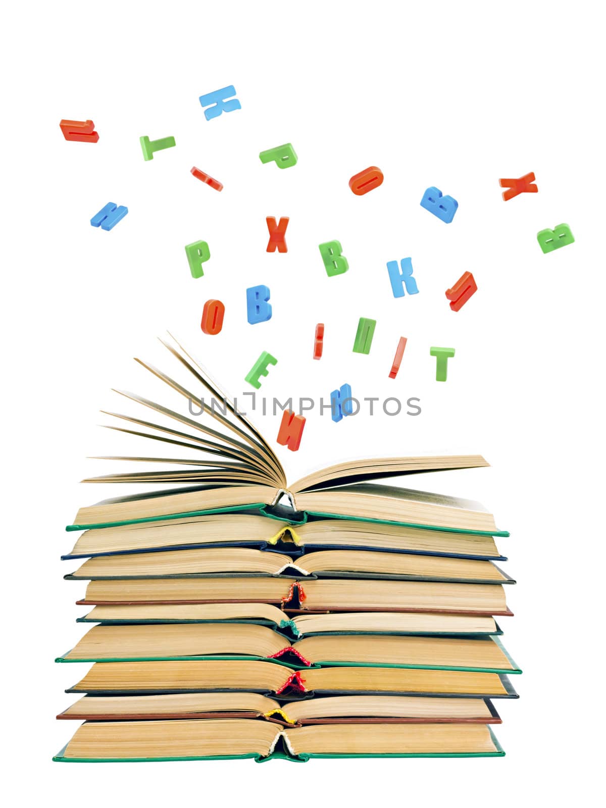 colorful letters flying out of an open book  isolated on white