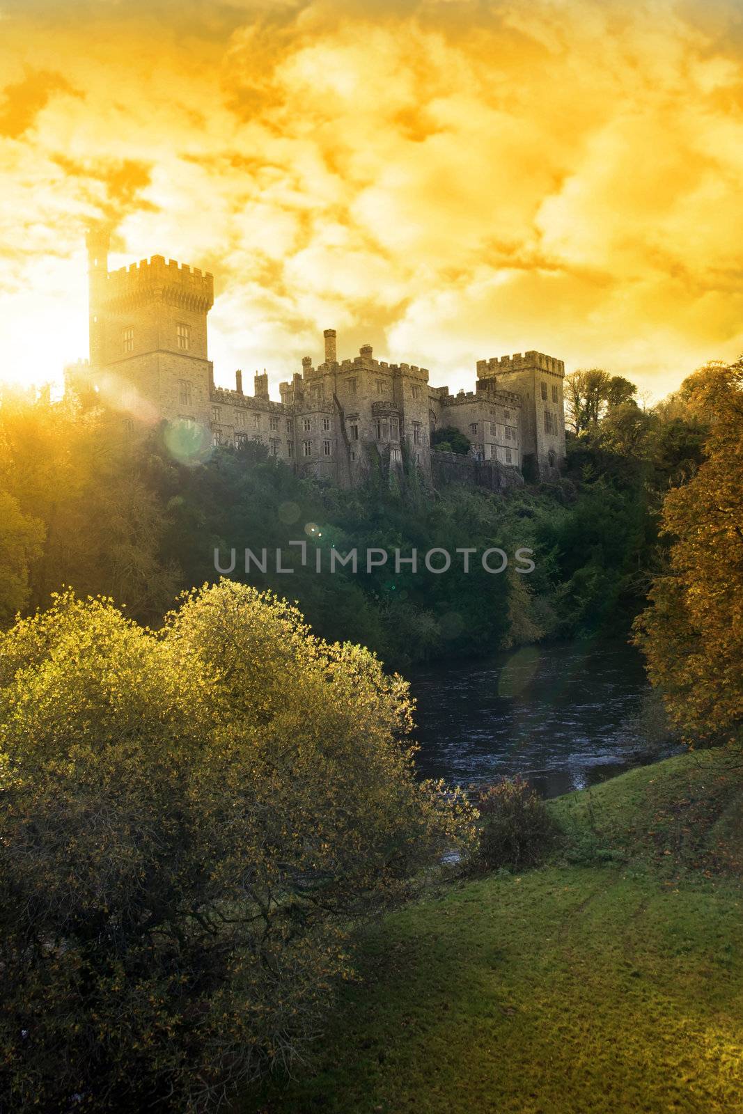 Lismore castle over looking the beautiful blackwater river in county Waterford Ireland at sunset