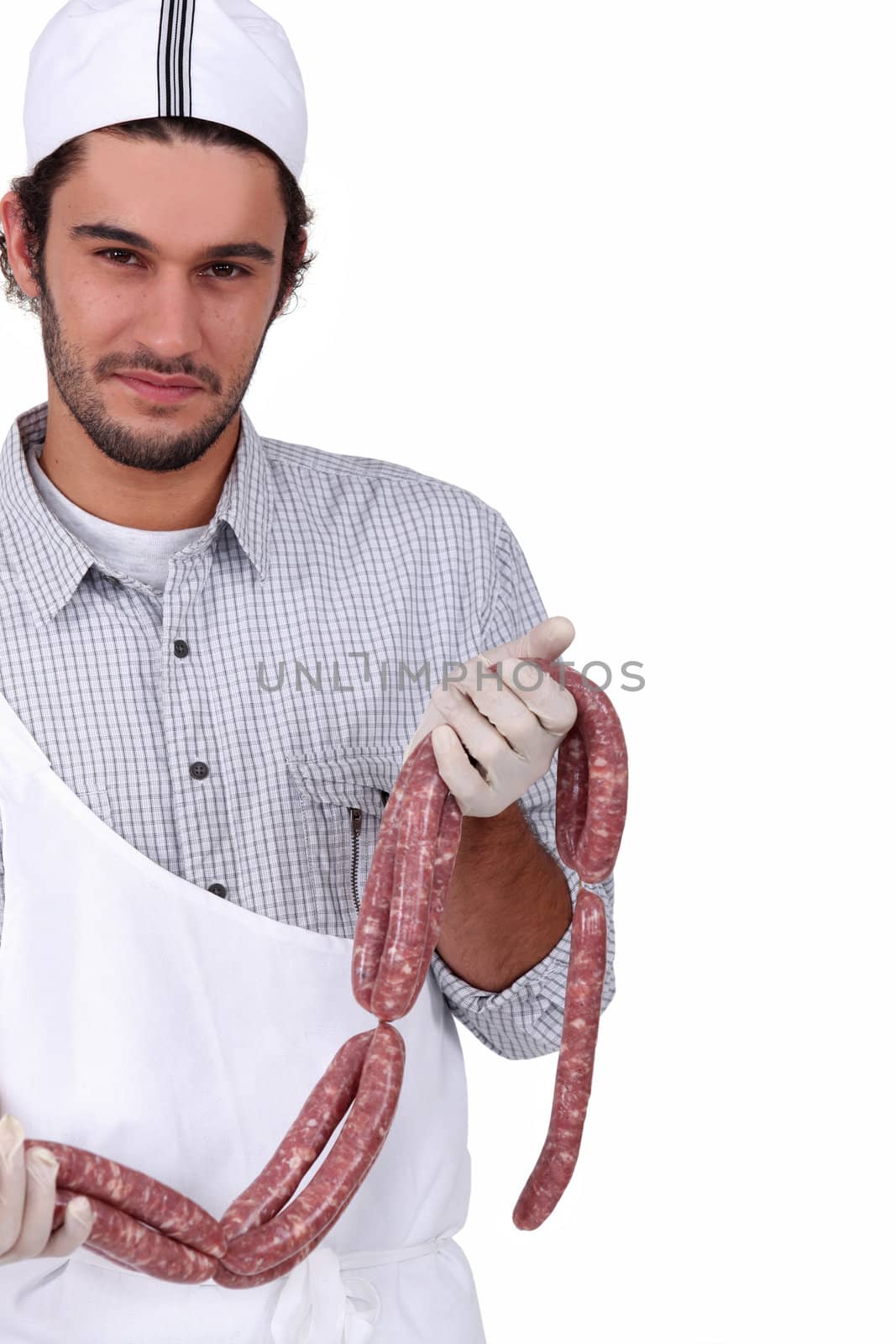 Butcher with sausages