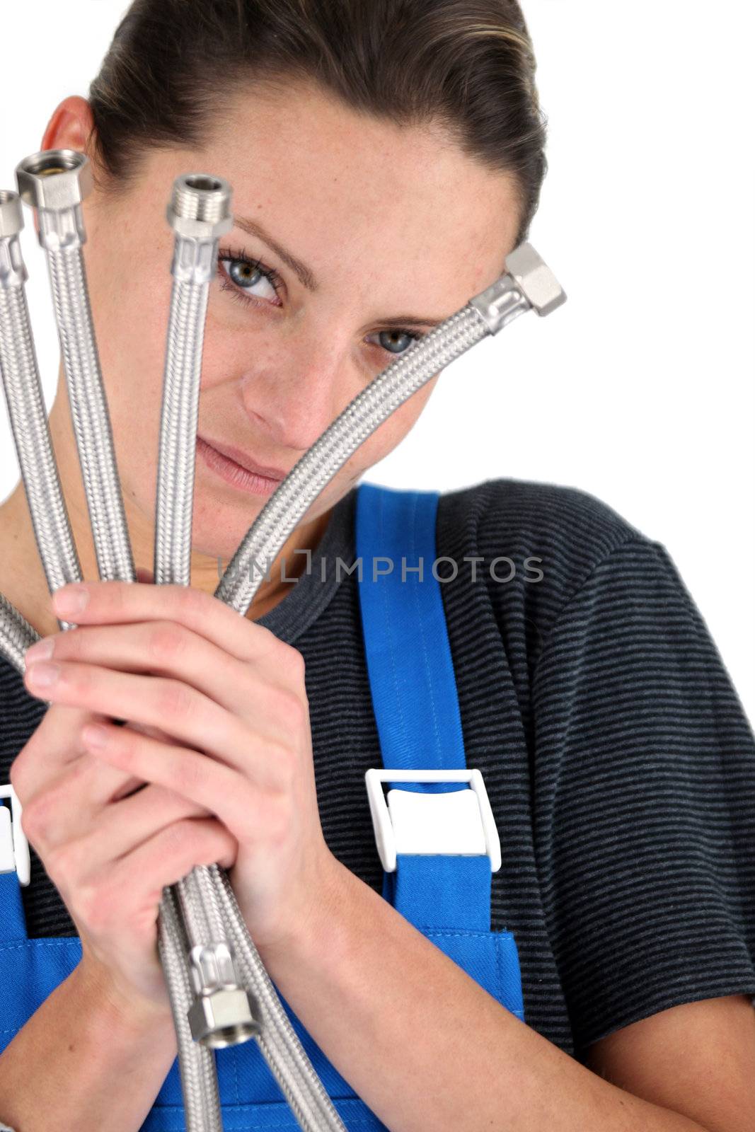 Female plumber with flexible hoses