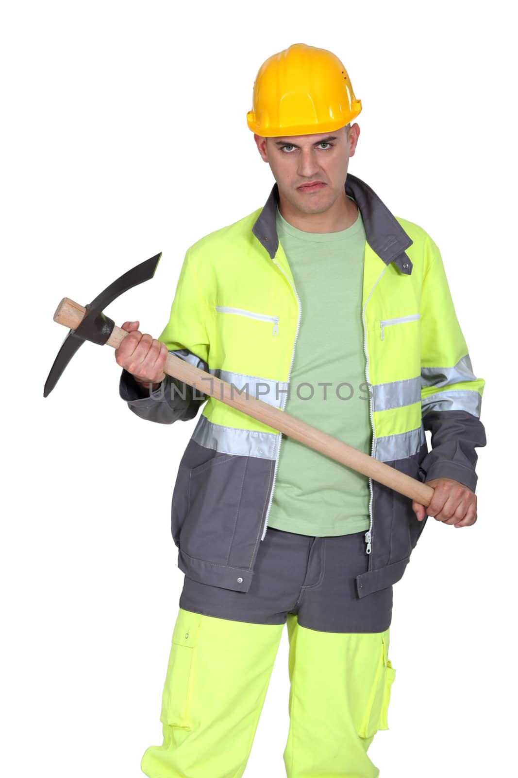 A man holding a pickaxe with a serial killer face.
