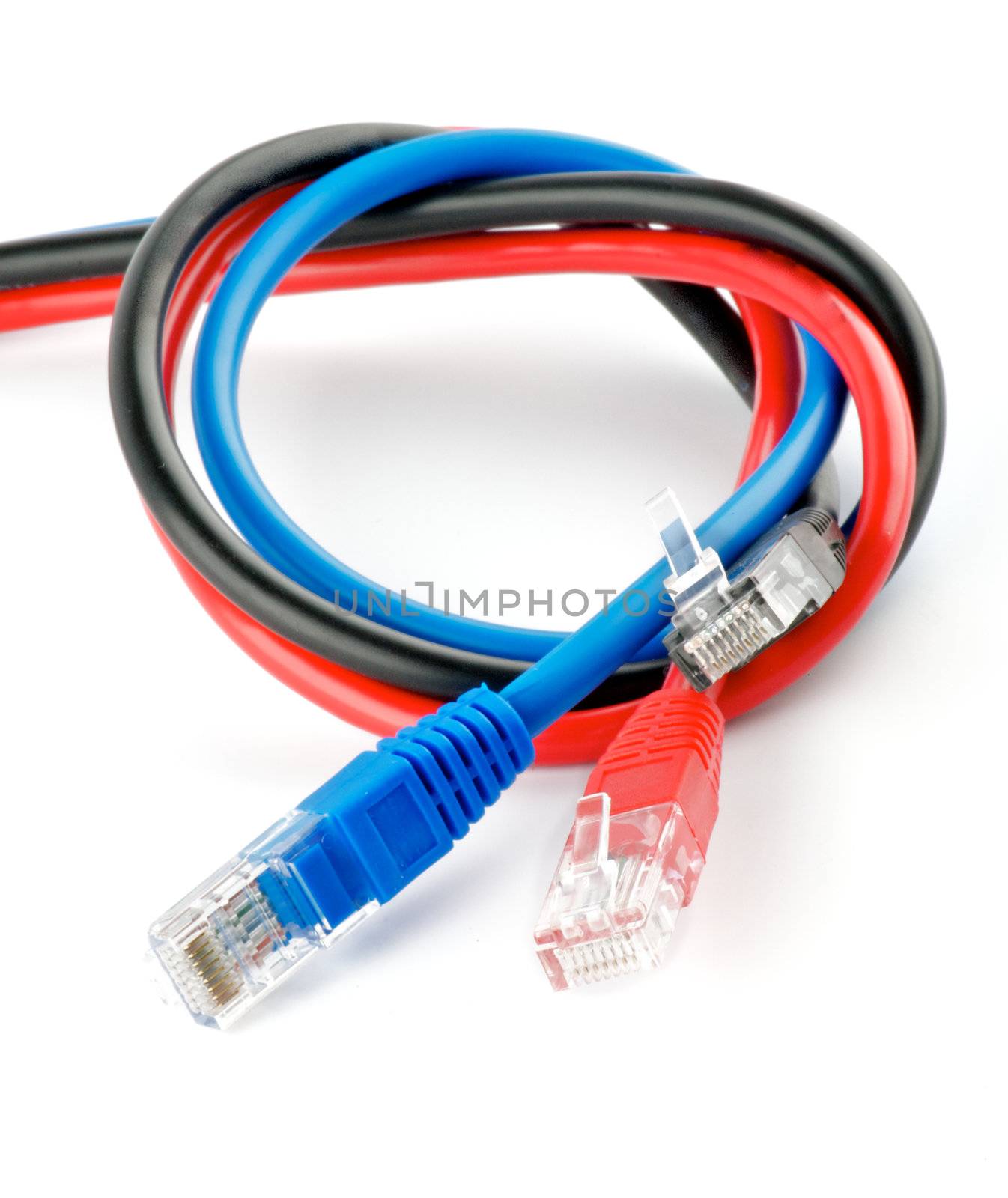Black, red and blue UTP cords with RJ-45 Connectors by zhekos