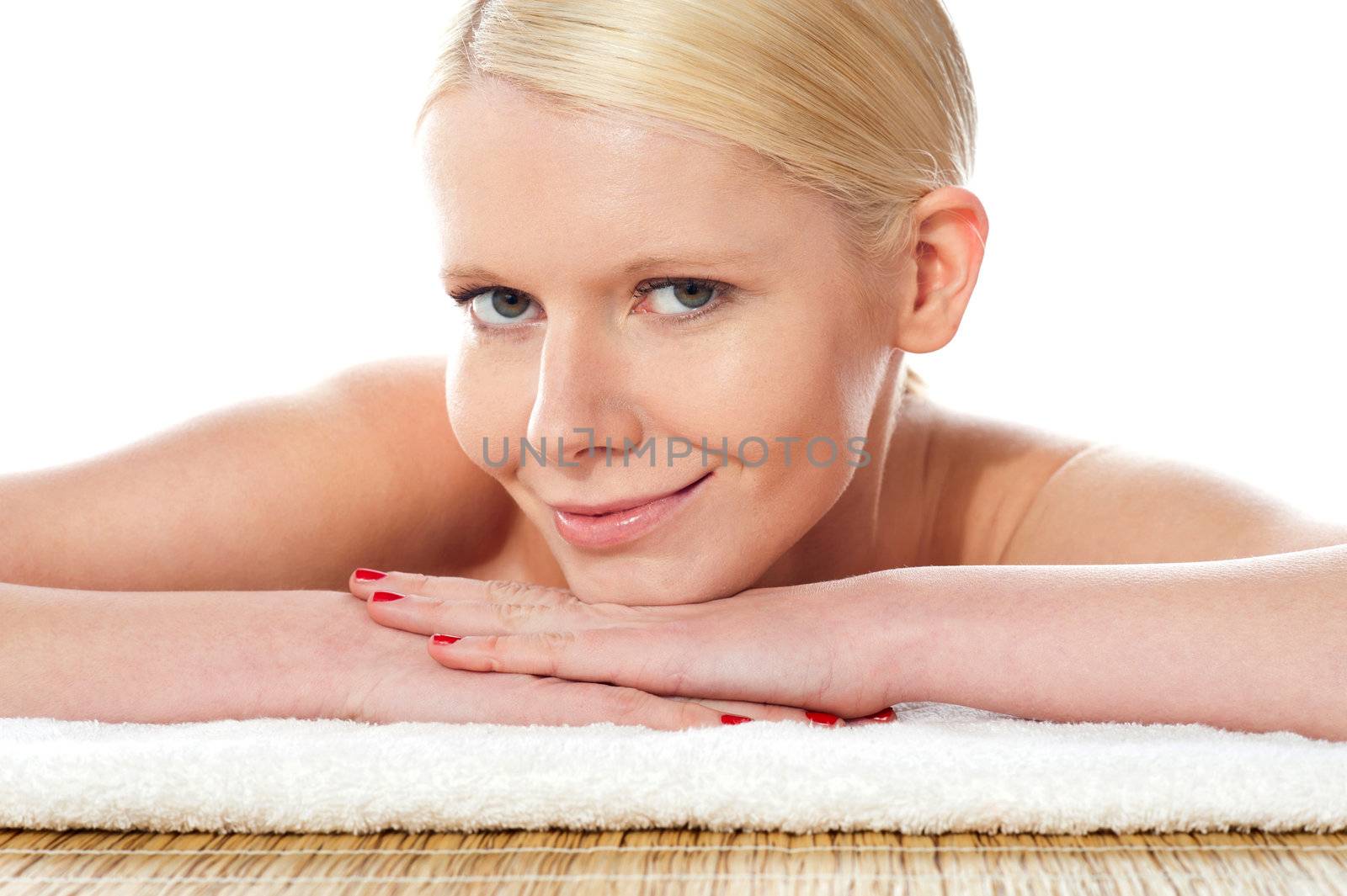 Pretty cute female looking at camera isolated over white background