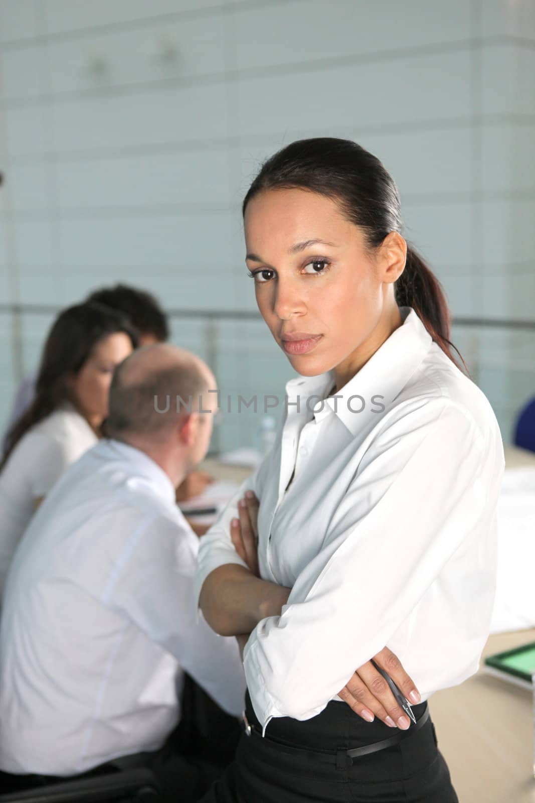 Serious professional woman sitting with colleagues by phovoir