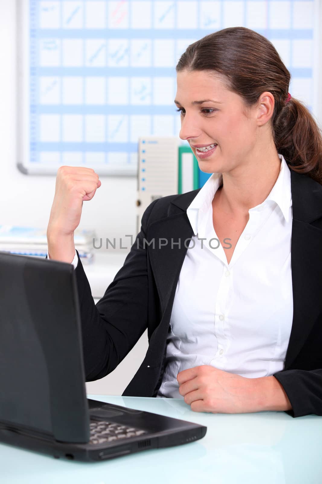 Young businesswoman delighted with what she can see on her computer screen