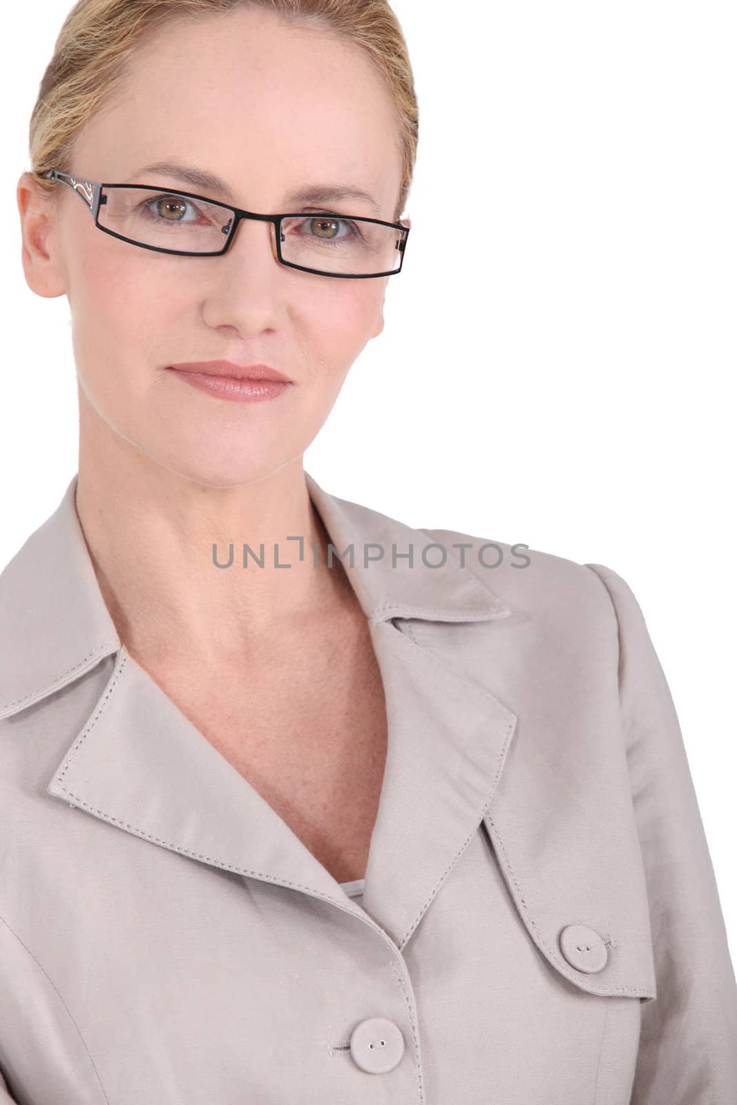 Closeup of a blonde woman wearing glasses