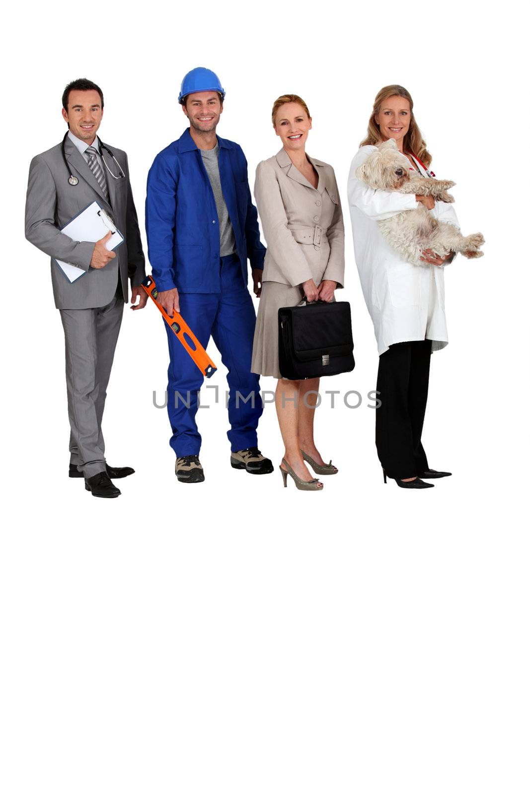 A doctor, a workman, an office woman and a vet with a dog in her arms all looking at us.