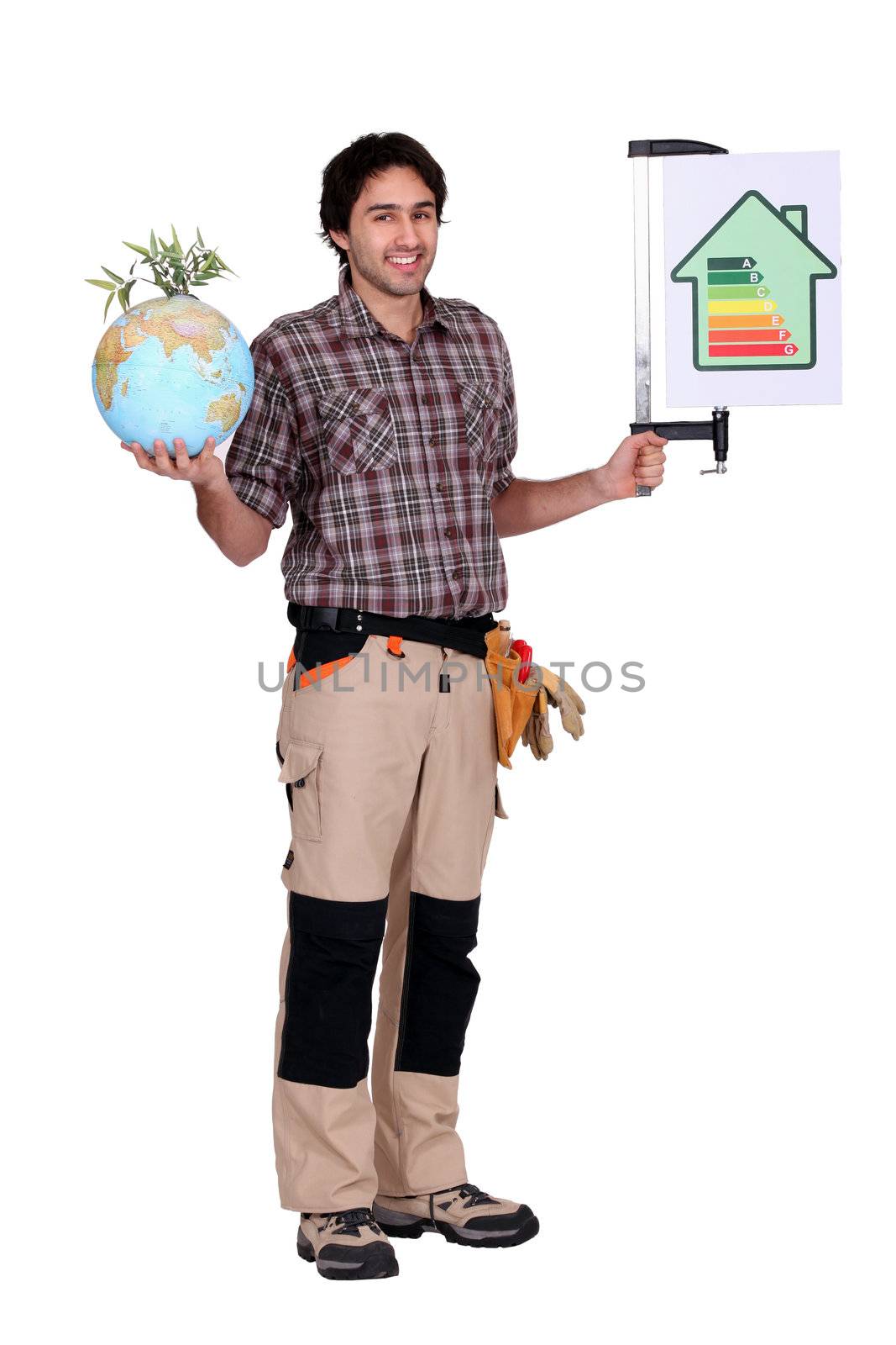 Man holding a globe and a sign for energy consumption
