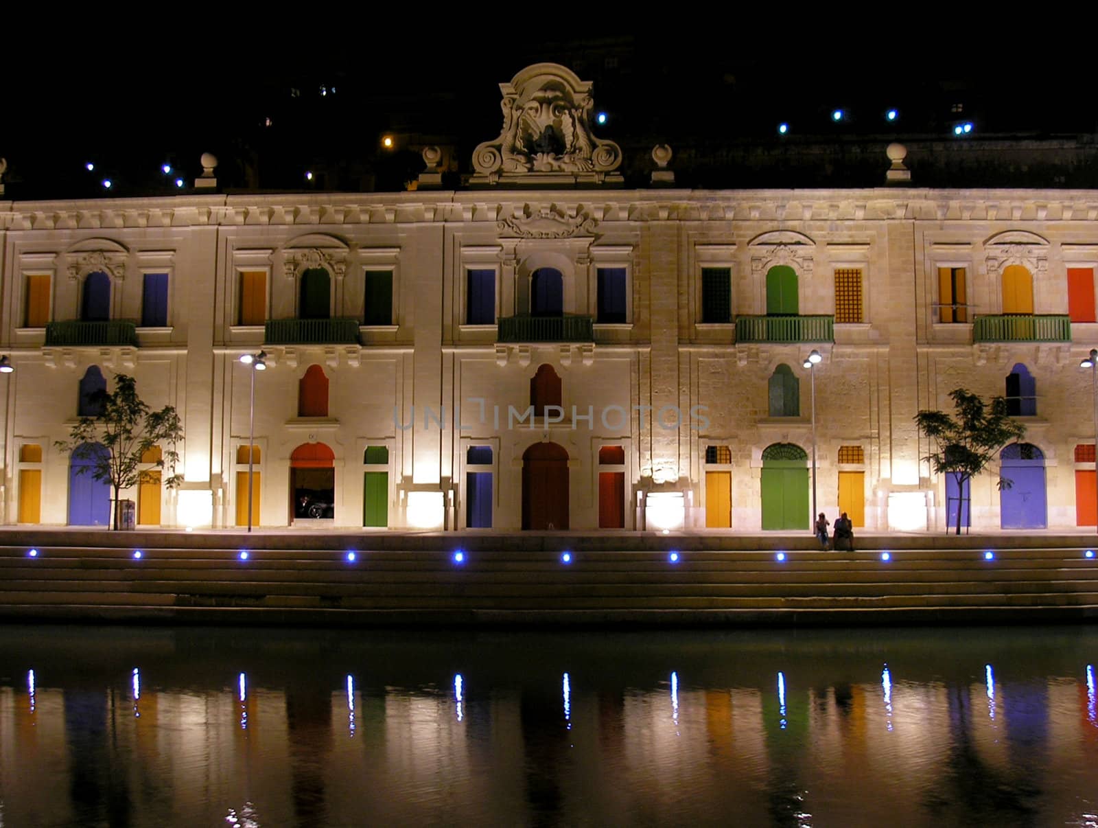 A nightshot of the waterfront in Valletta, Malta.