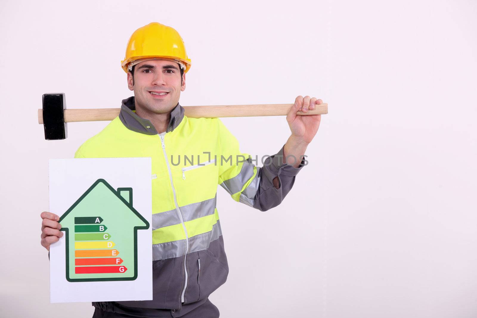 Construction worker with an energy rating card
