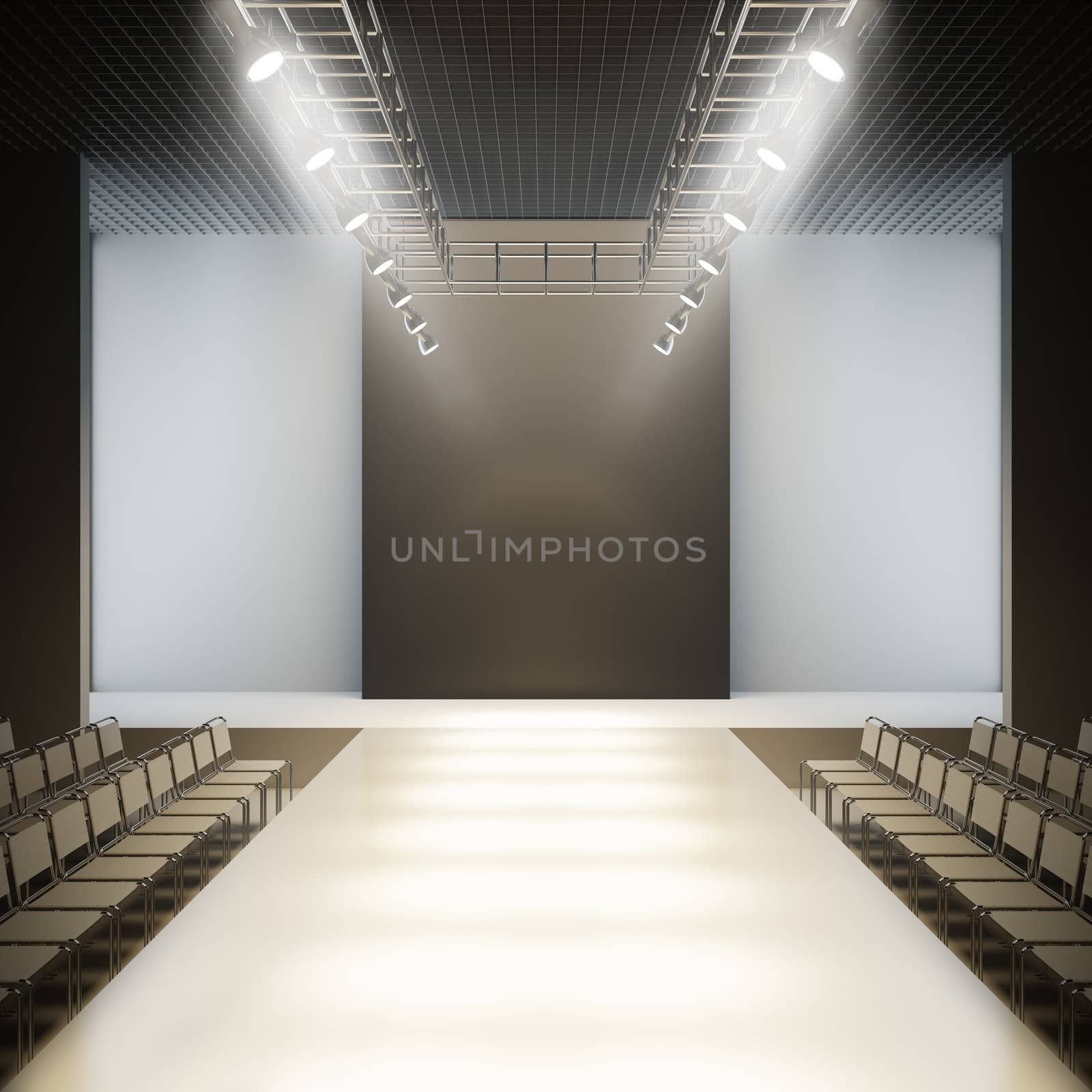 Empty runway. A 3D illustration blank template layout of fashion empty white catwalk runway.