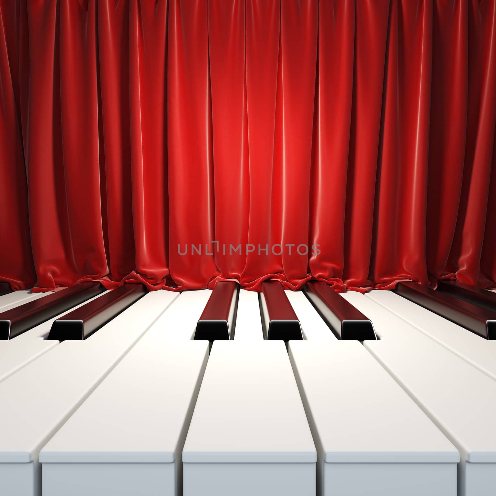 Piano Keys and red curtains. A 3d illustration of blank template layout surface from piano keys and red velvet curtains. Blank template layout of music placard