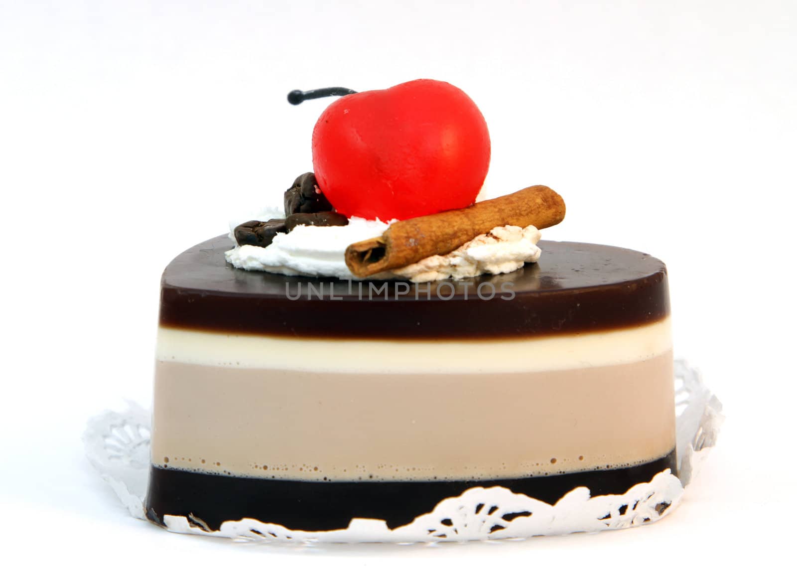 natural handmade soap chocolate cake with cherry on white background