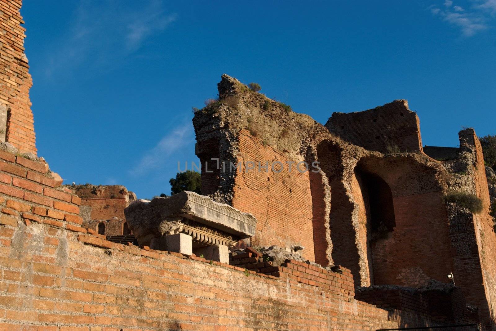Ruins of ancient Greek and Roman theater in Taormina, Sicily, Italy
