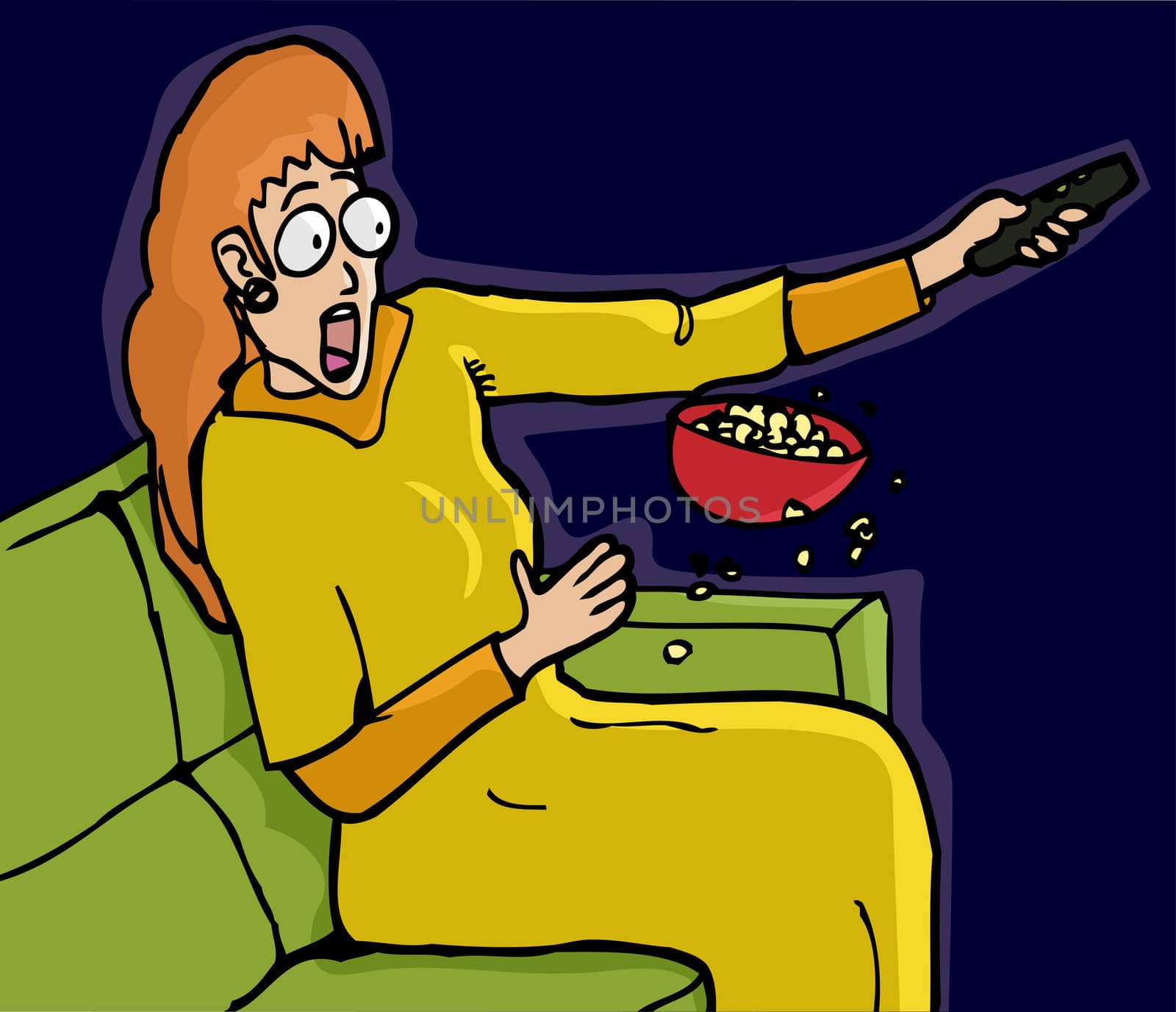 Scared woman with remote control and spilled popcorn