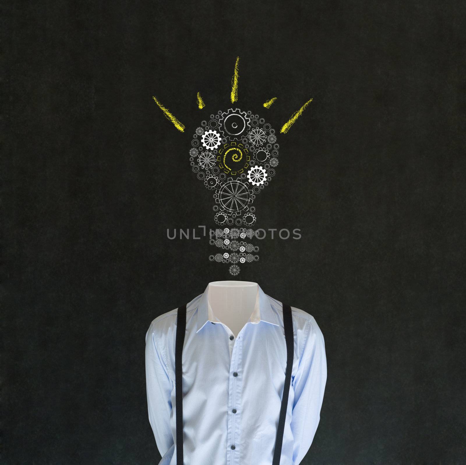 Headless bright idea business man, teacher, engineer or student with chalk background cogs and gears lightbulb head
