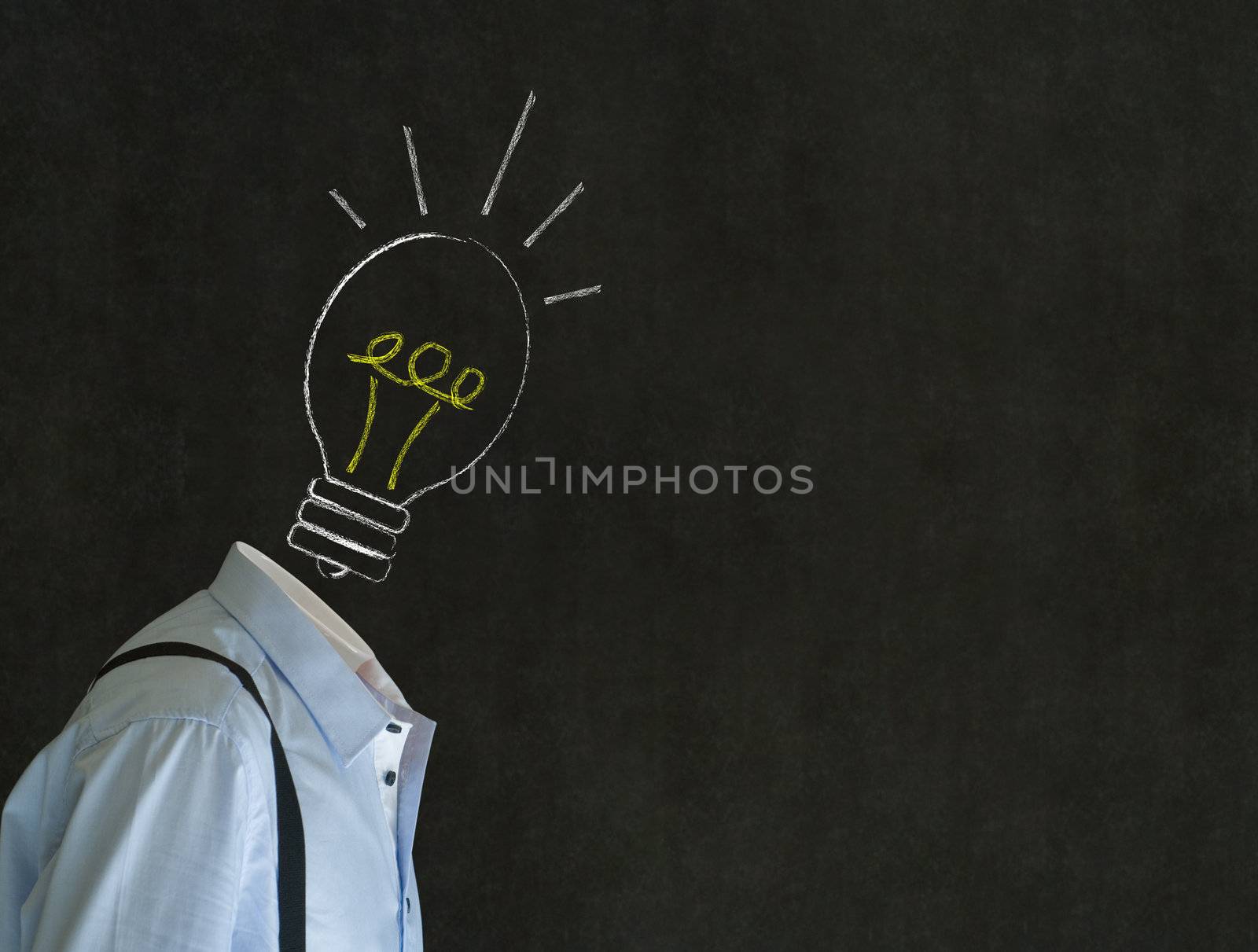 Headless bright idea business man,  teacher or student with chalk background lightbulb head